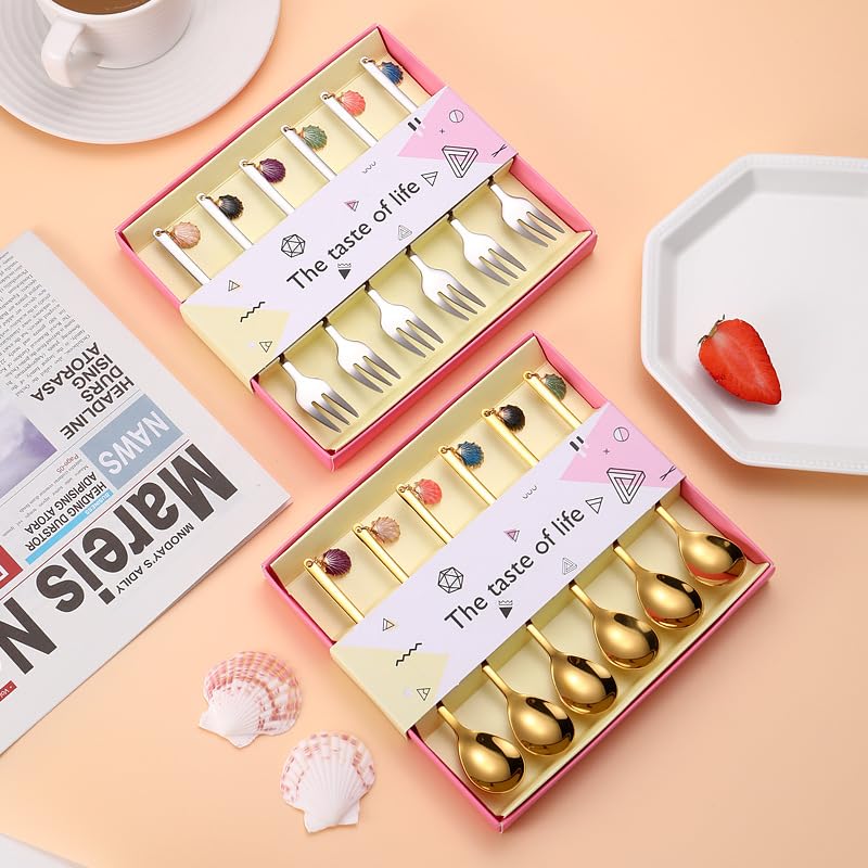 ONUIFIKE Silverware Set, 6/24/36/48/60/72pcs 304 Stainless Steel Coffee Spoon Creative Shell Dessert Spoon Gift Box Set Home Cake Fruit Spoon, Home Cutlery Flatware Set(Silver,72 Pieces)