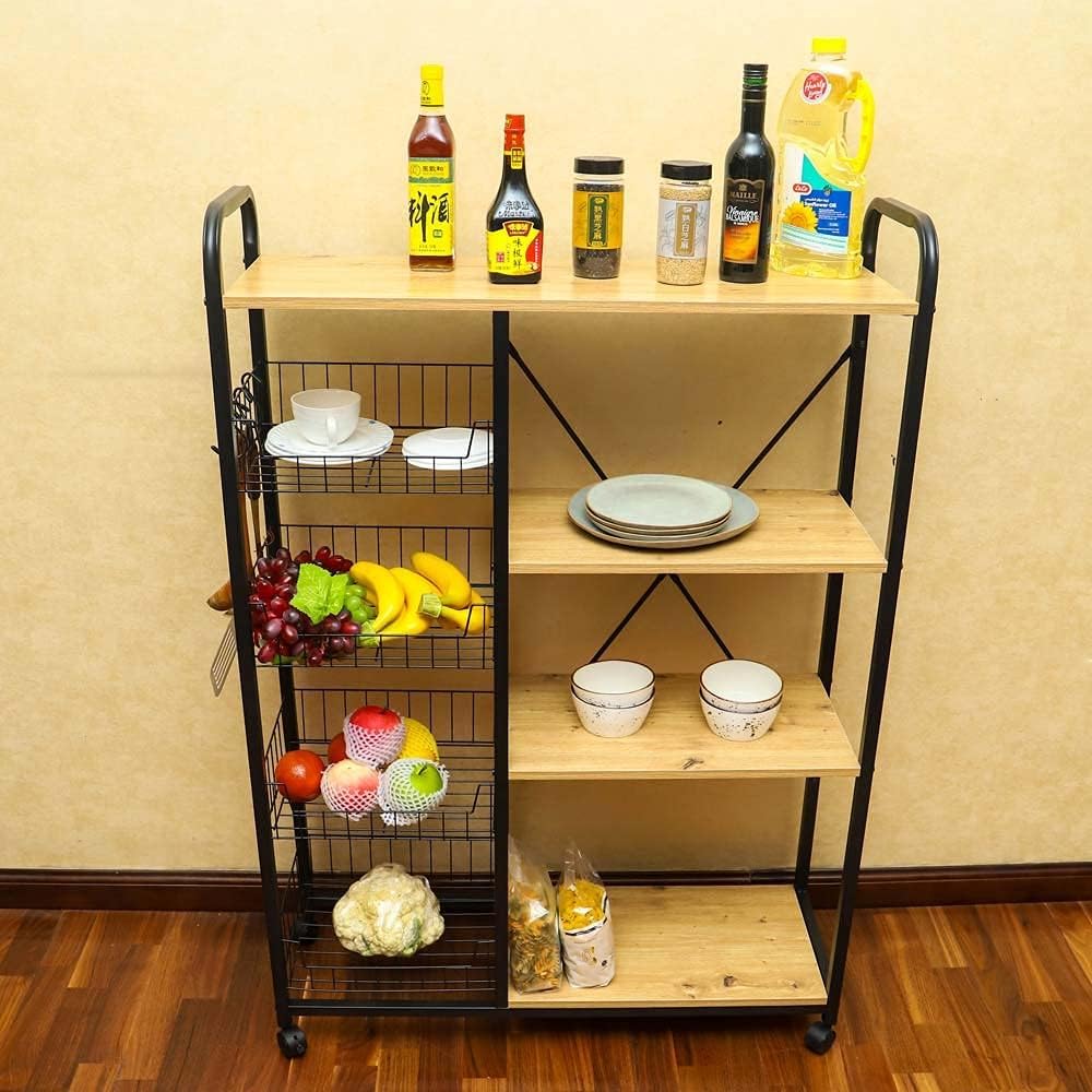 YATAI 4-Tier Kitchen Trolley Cart, Multifunctional Kitchen Storage Rack with Mesh Baskets & Wood Shelves, Rolling Space-Saving Serving Trolley for Fruit, Vegetables, Dishes, Pantry, Room, Home Office