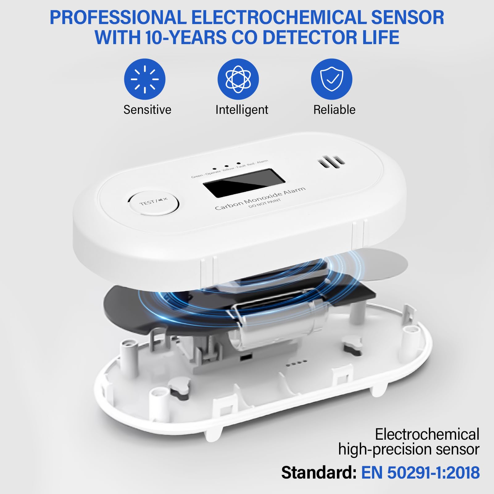 Detector Monóxido Carbono con Sensor CO 10 años, batería reemplazable 5 años, portátil Carbon Monoxide Detector diseño a Prueba de explosiones de Alta sensibilidad | Norma: EN 50291