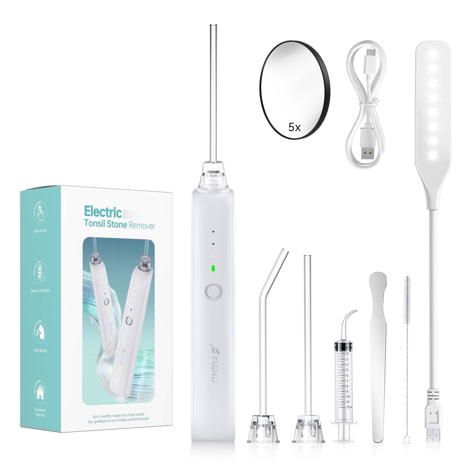 Tonsillenstein - Set di rimozione delle pietre di mandorle elettriche, 3 livelli di aspirazione, con luce LED, siringa, spatola per lingua, basta rimuovere le pietre di mandorle (Bianco Avorio)