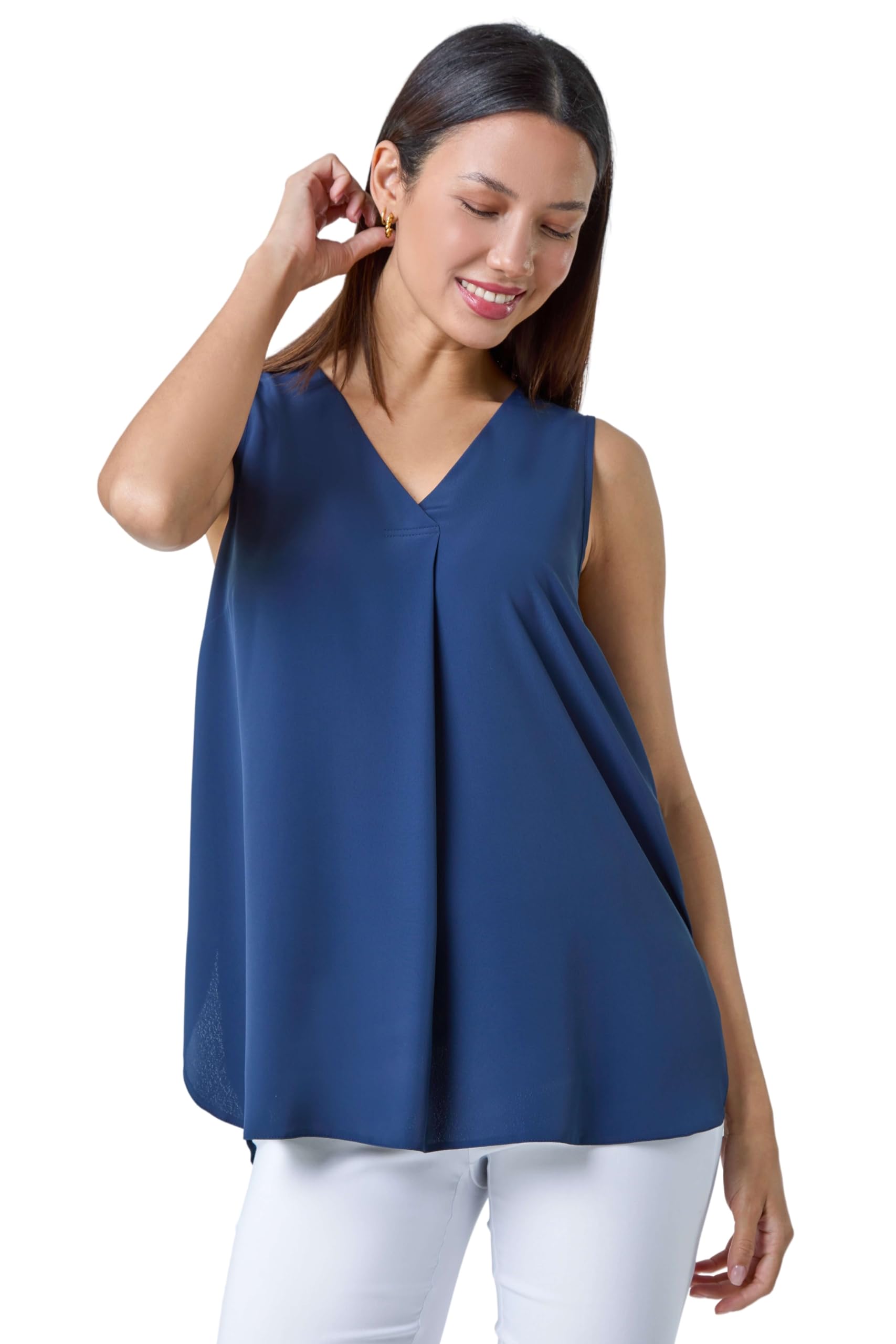 Roman Women's V-Neck Sleeveless Vest Pleat Top in Navy | Size: 10
