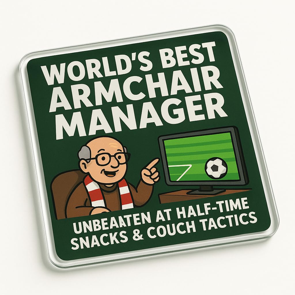 The Plum Penguin Couch Coach Classic Funny Acrylic Coaster Gift For Grandad Birthday - Cartoon Illustration Novelty Present, World’s Best Armchair Manager,