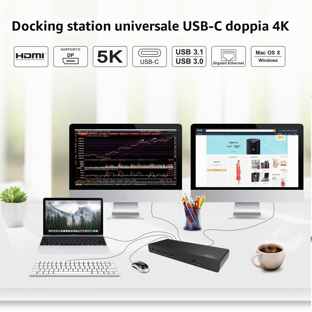 WAVLINK USB 3.0/USB C Ultra 5K Universal Docking Station supporta due uscite video 4K per Windows o Mac, Compatibile con nuovo MacBook Neo (DisplayPort e HDMI, uscita audio e Mic in, 6 porte USB 3.0)