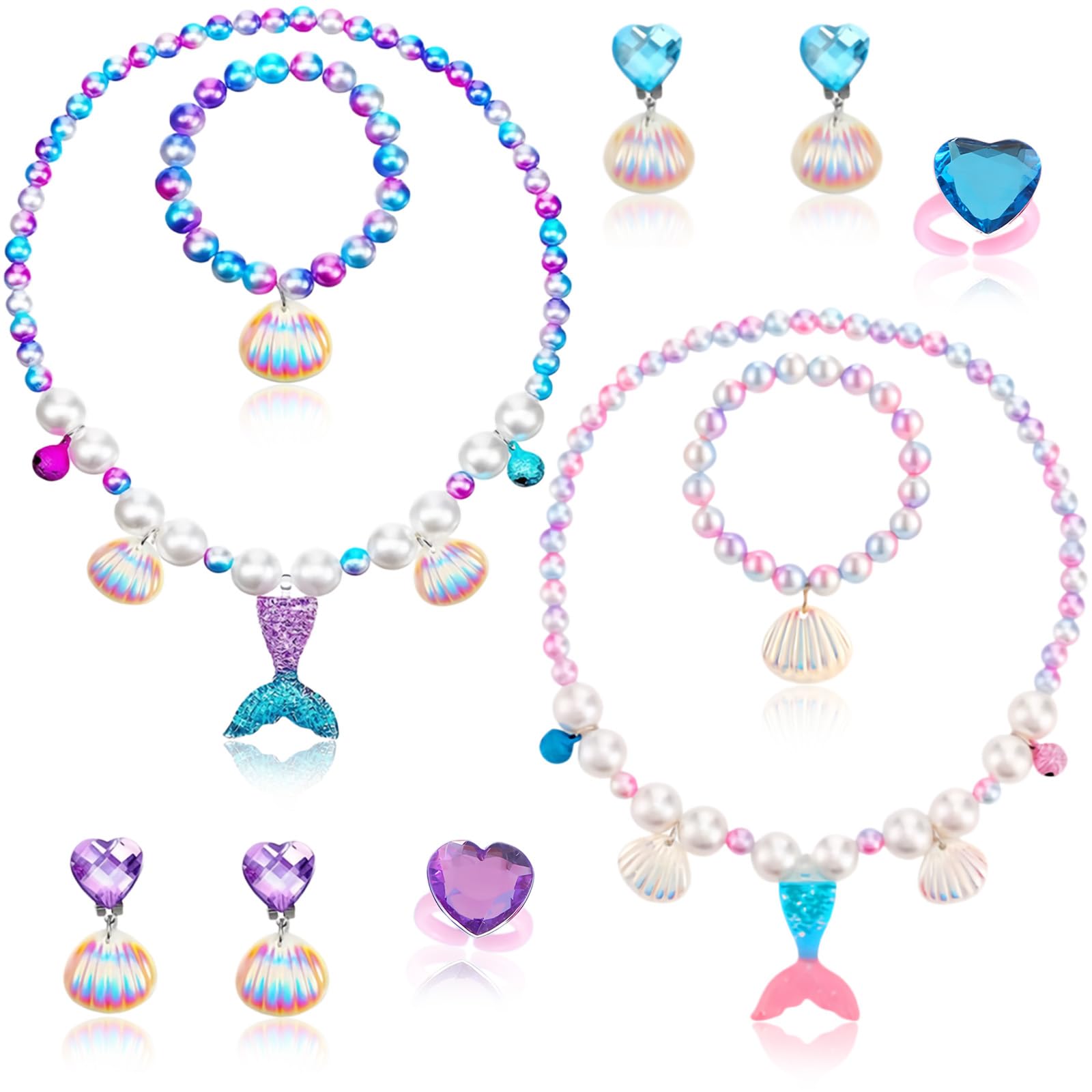 2 Style Mermaid Tail Princess Jewellery Set for Girls, Ocean Themed the Little Mermaid Beaded Necklaces, Bracelets Earrings and Rings with Shell Accents, Dress-Up Accessories for Birthday Parties