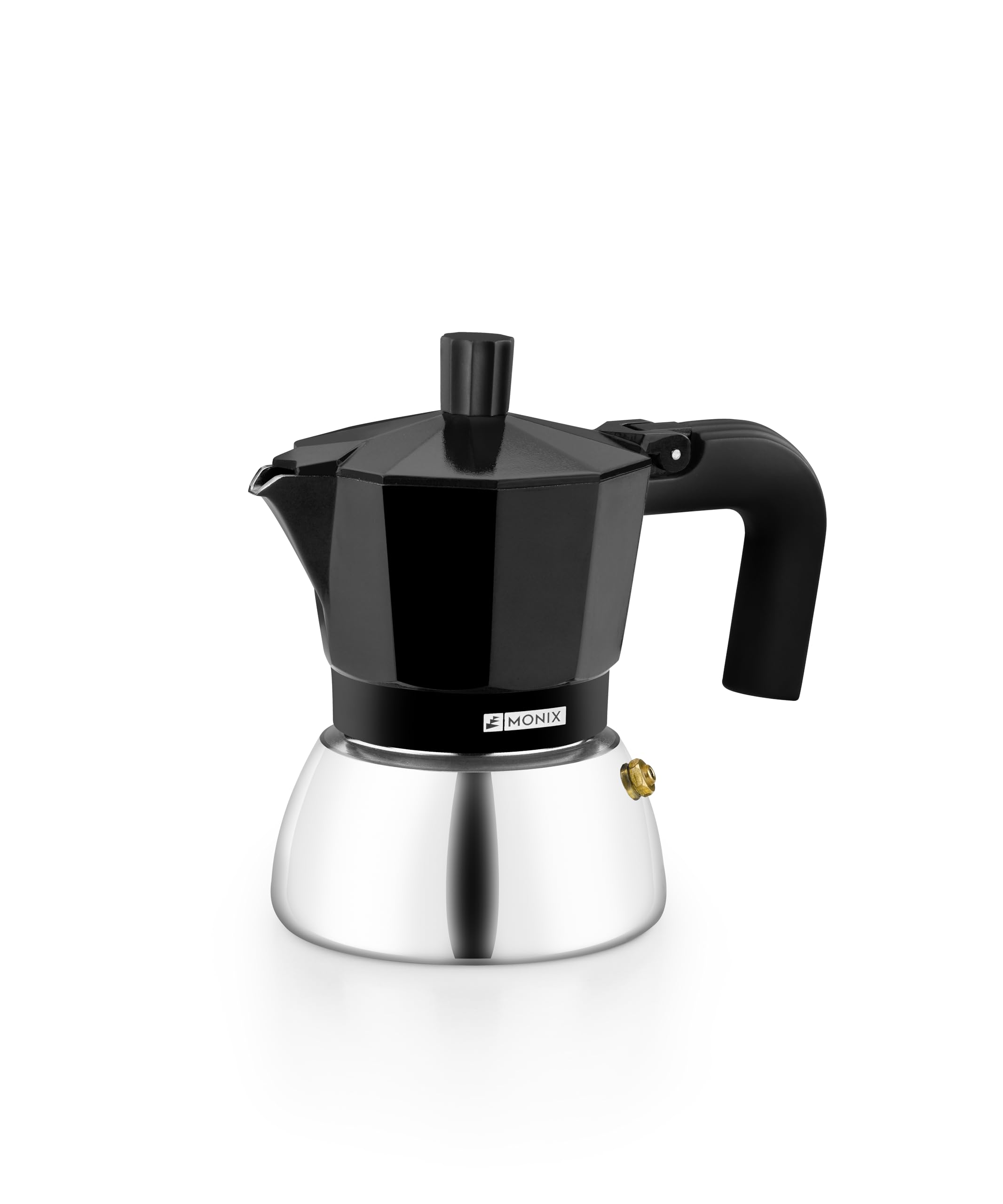 Monix Induction Inox | Italian Aluminium and Stainless Steel Coffee Maker 3 Cup Capacity Heat Resistant Handle Suitable for All Hobs Including Induction Black