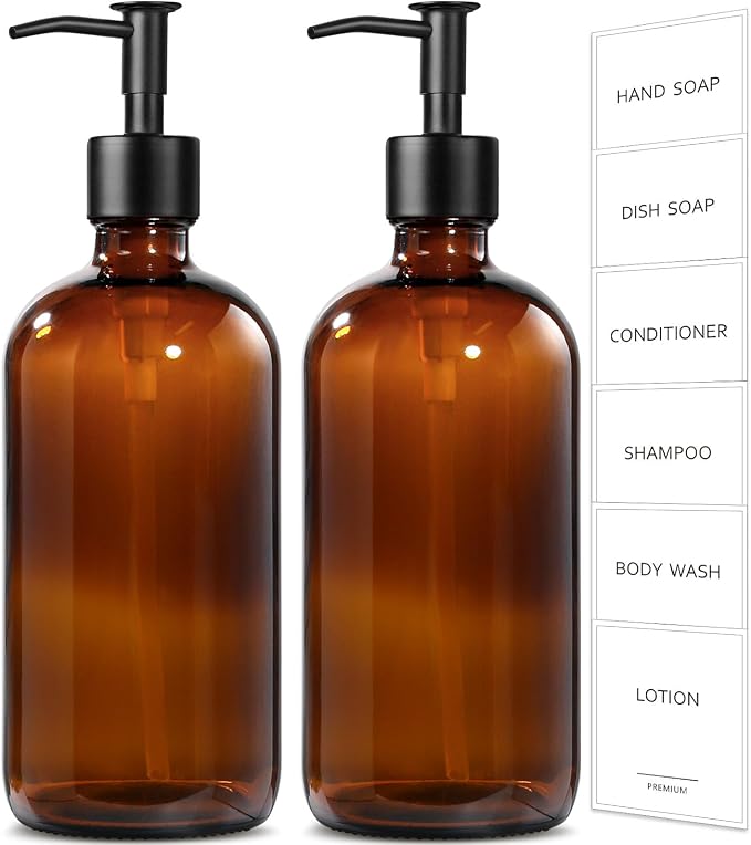 GMISUN Dispensador de jabón de vidrio ámbar con funda protectora de silicona, paquete de 2 dispensadores de jabón para manos de baño con bomba, juego de dispensador de jabón para manos y platos de