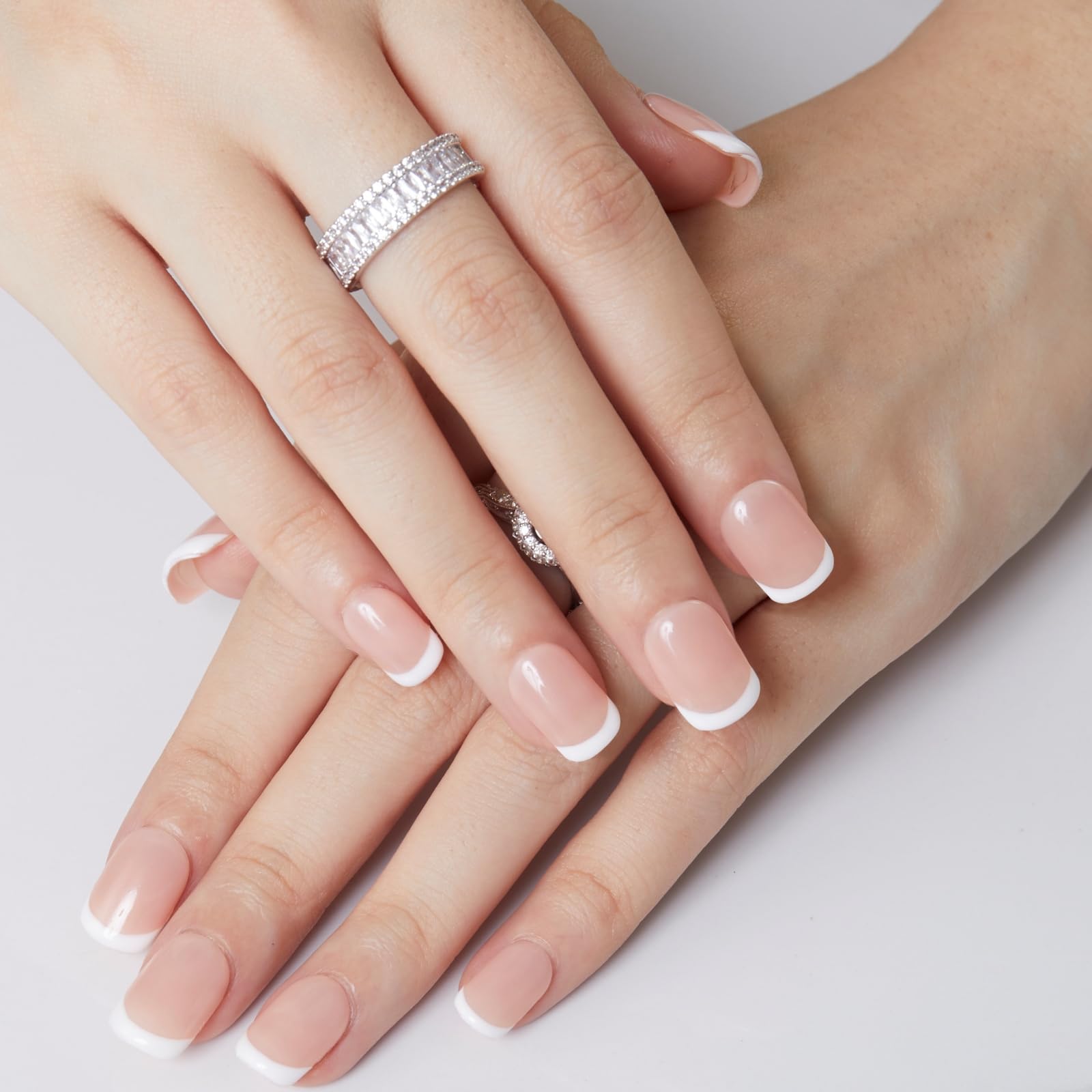 MANITIPS Reusable Handmade Press on Nails Short Square, MANITIPS White French Tip Manicure Fake Nails with Glue, 12 Sizes - 24 Nail Kit