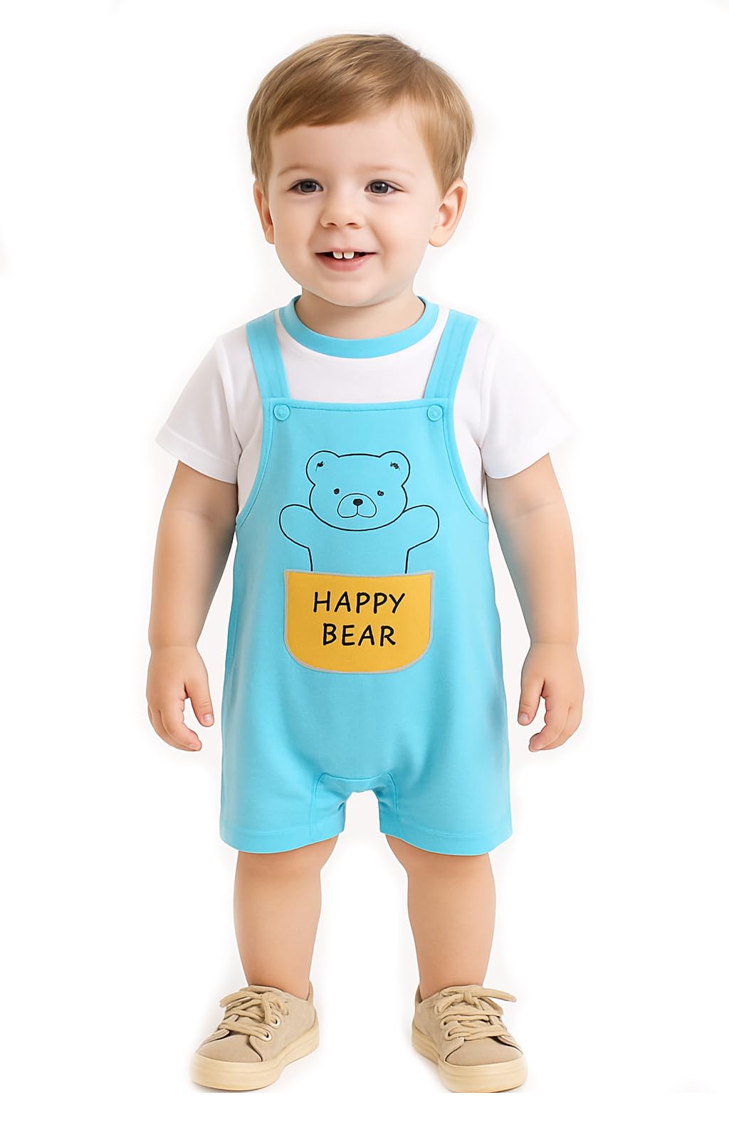 Kids Half Length Cotton 2Pc Striped T-Shirt with Cool Tie Print Dungaree Shorts Summer Clothing Set for Infant Toddler Baby Boys n Girls-image-44