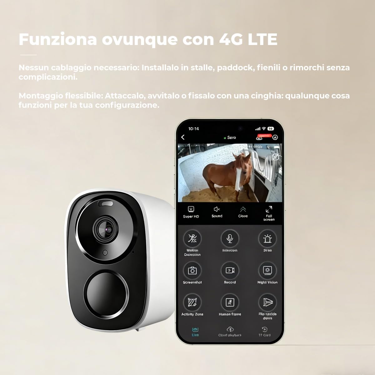 Telecamera di Sicurezza 4G LTE 2K HD per Scuderie e Trasporto Cavalli – Videocamera Cellulare a Energia Solare con Visione Notturna, Audio Bidirezionale, Allarmi di Movimento – Batteria 5000mAh – Senz