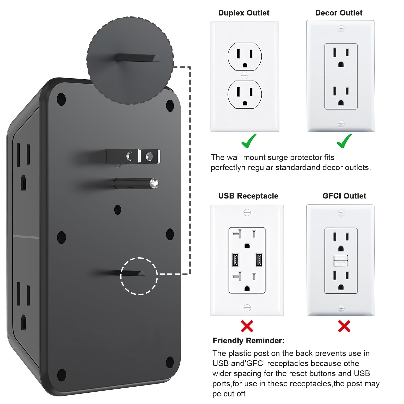 Paquete de 2 extensores de toma de pared con múltiples enchufes, 6 divisores de salida de CA con 4 puertos USB (2 USB C) cargador de pared 1050J tira de alimentación 125V/15A, 1875W para el hogar, la