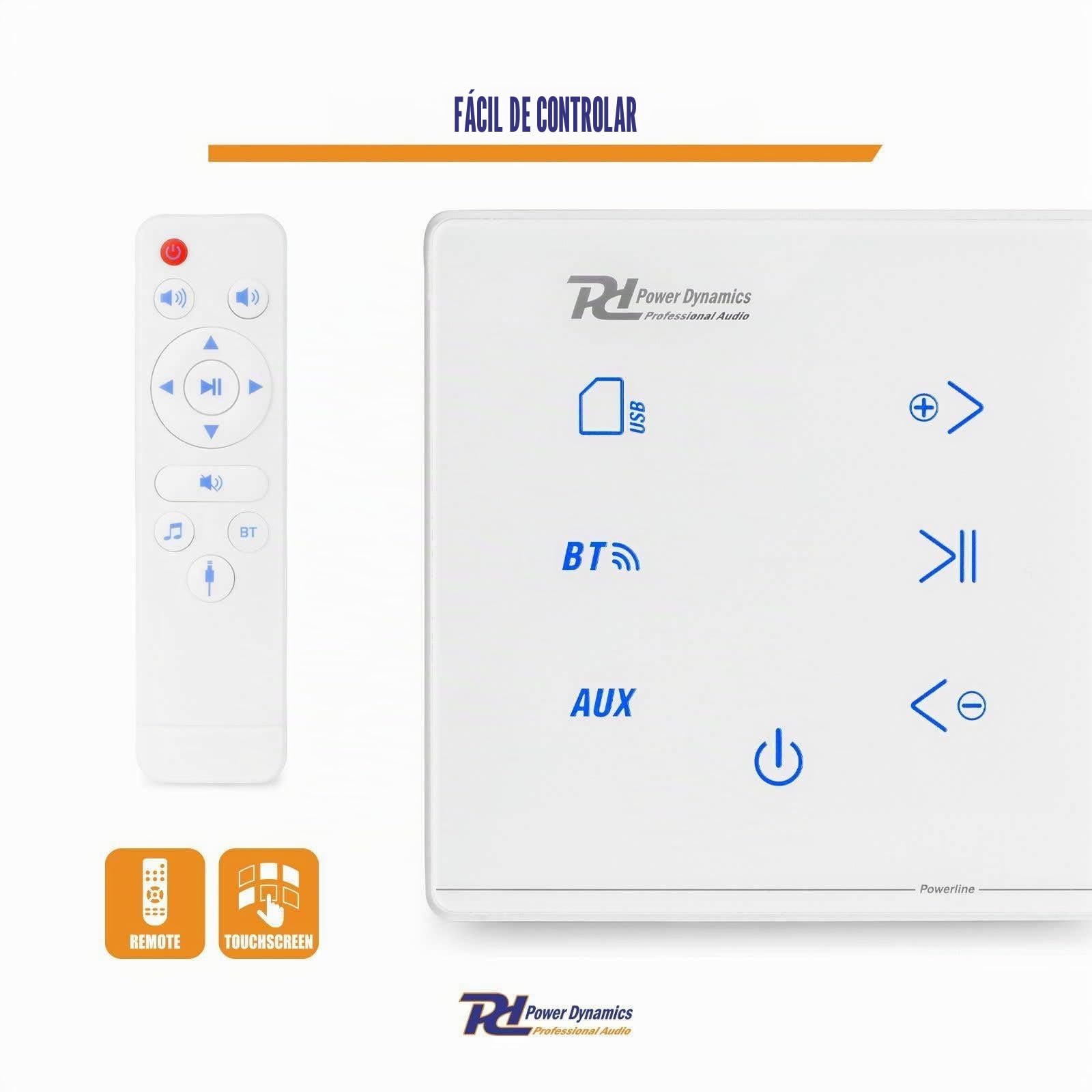 Power Dynamics Powerline A100W - Amplificador de Audio de Pared, 4 x 20 W, Receptor inalámbrico Bluetooth, USB y Micro SD, Pantalla táctil, Incluye Mando a Distancia, Ideal para Sonido de casa