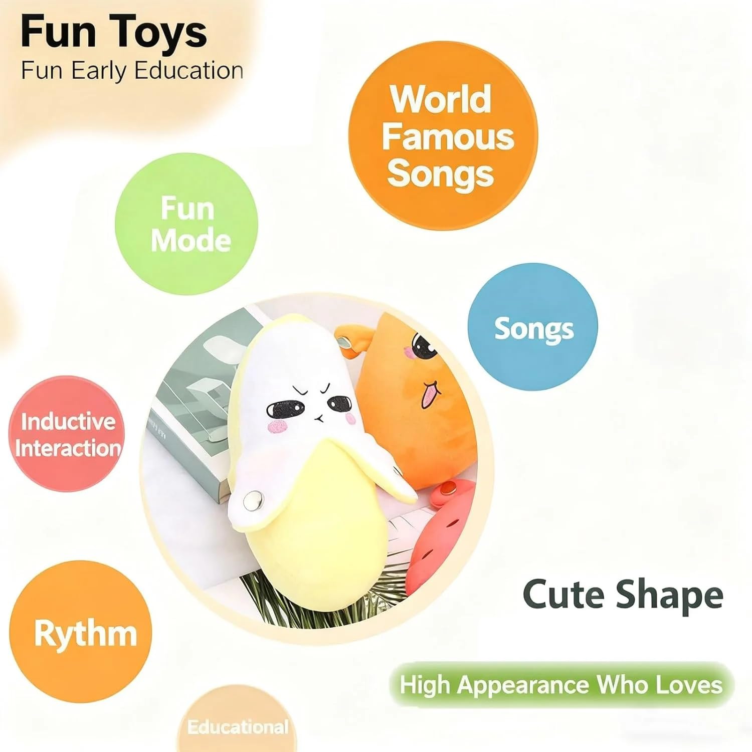 Muñeca Interactiva con Sensor Musical, Muñeca de Peluche en Forma de Fruta con Interacción Feliz Sensible al Tacto y Sonido Enriquecido, 3 Modos, Peluche de Latido con Sensor de Fruta(Yellow)