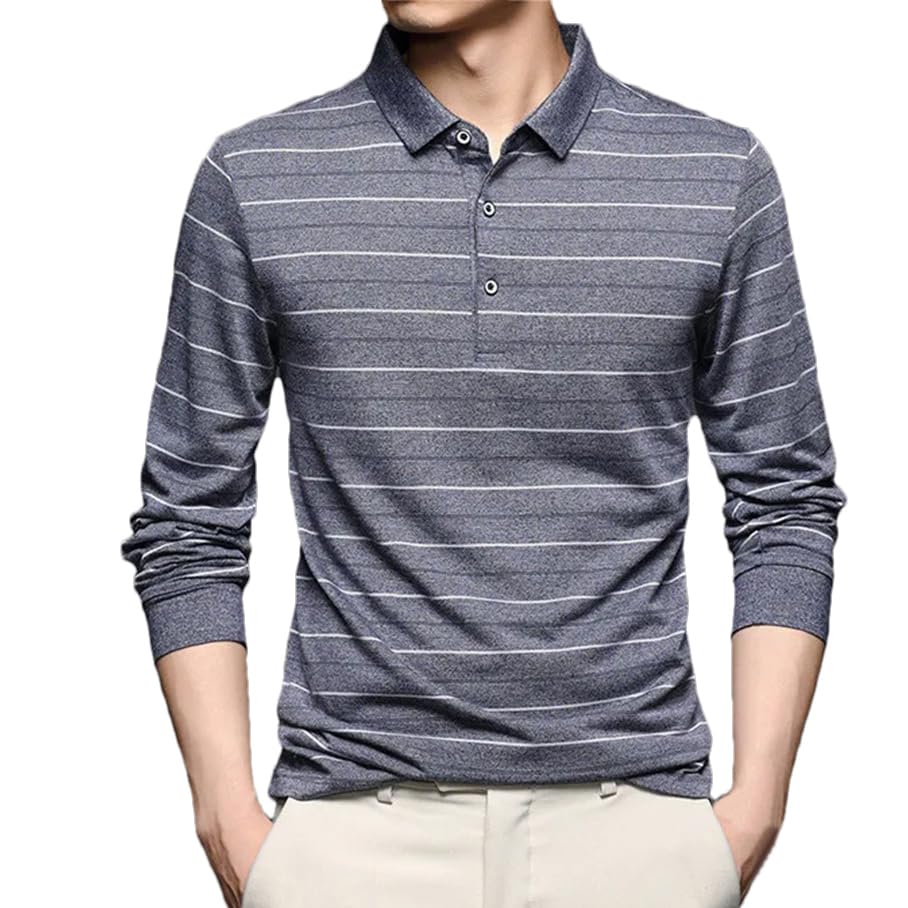 Mens Striped Business Casual Poloshirt Man Basic Long Sleeve T-Shirt Tops Gray M