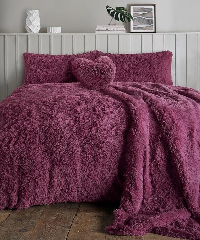 Voice7 Luxury Cuddles Long Pile Fur Teddy Fleece Duvet Cover with Pillow Case - Soft Warm Cosy Fluffy Quilt Covers Winter Bedding (Plum, Single Duvet Cover Set)