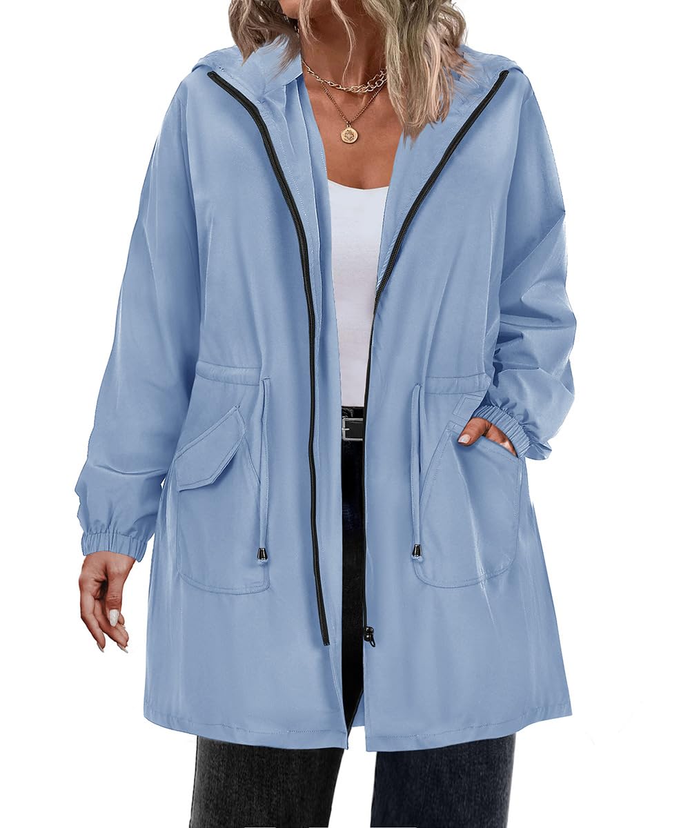 RITERA Plus Size Women Jacket Plus Size Long Raincoat Lightweight Hooded Windbreaker Waterproof Jackets Pockets XL-5XL