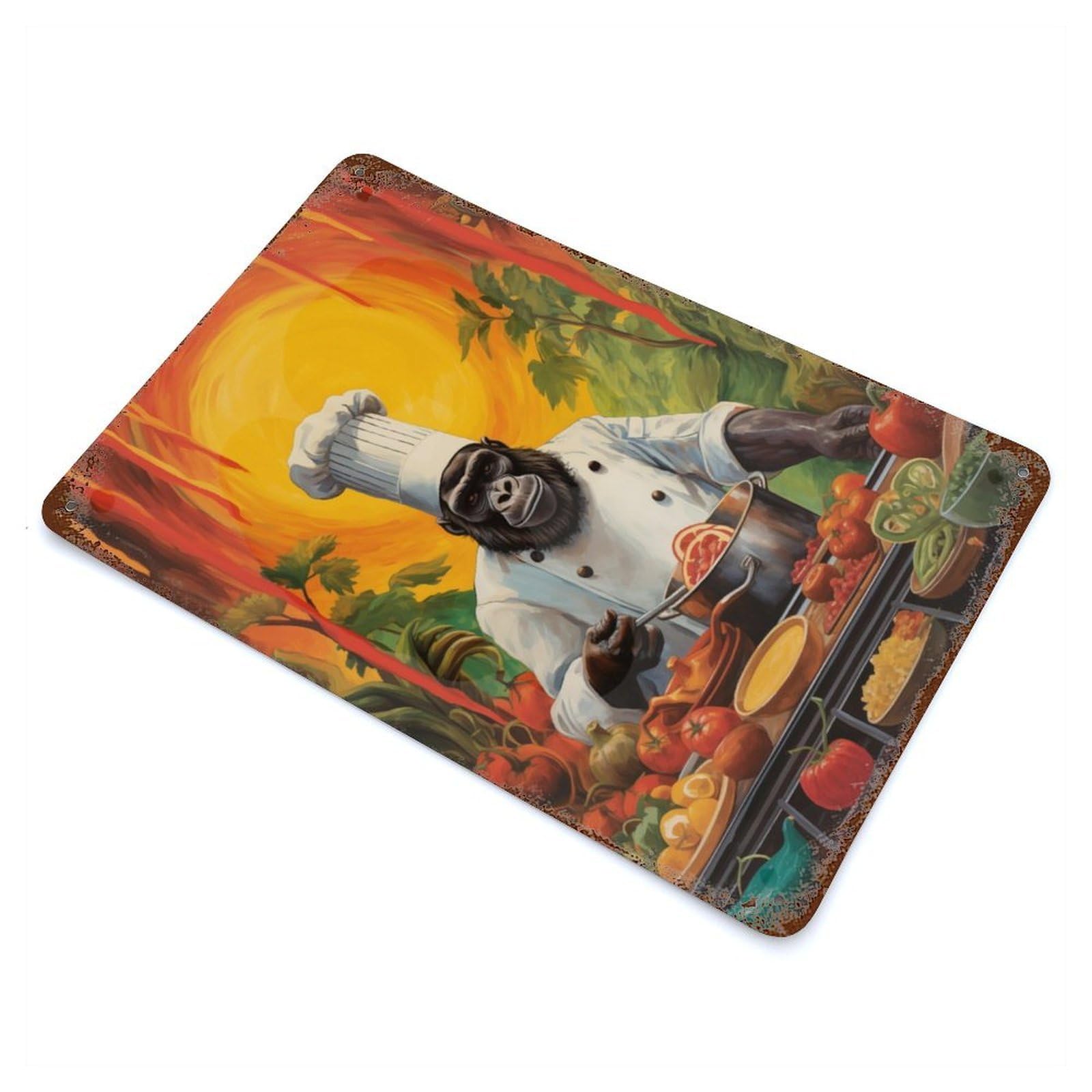 Rust Effect Gorilla Cooking Kitchen Rustic Tin Plaque 11.8"x7.9", Decorative Metal Wall Art for Farmhouse, Kitchen And Entryway Decor