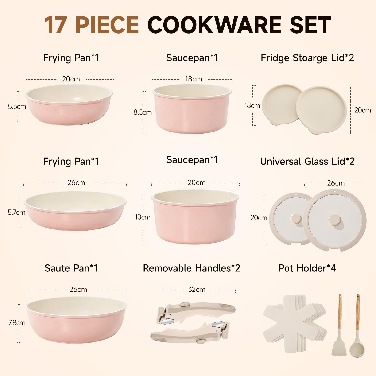 Warmiehomy Juego de ollas y sartenes de 17 piezas antiadherentes para inducción de inducción, juego de utensilios de cocina de aluminio antiadherente con mango extraíble, juego de sartenes, juego de