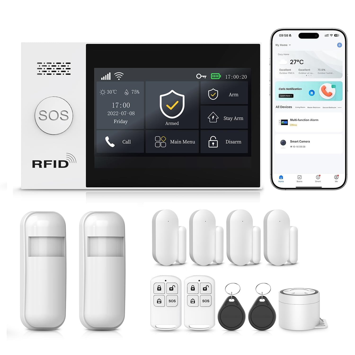 LWOHSI Sistema Di Sicurezza Domestica,GSM 4G+WiFi Allarme Casa Senza Fili,Allarme Antifurto Domestico Touch Screen da 4,3",Compatibile con Alexa Google Home