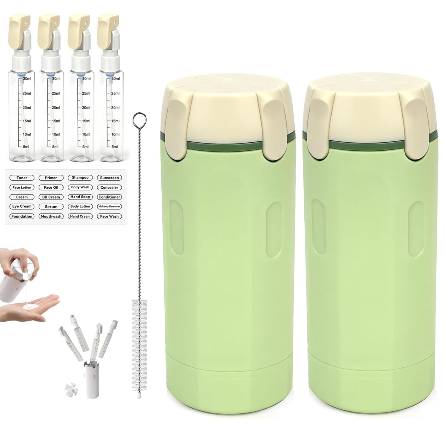 4 in 1 Travel Dispenser,4 Pack 30ML Travel Bottles for Toiletries,Refillable Leak Proof Portable Bottle Set for Shampoo,Shower Gel,Suitable for Travel,Gym,Vacation,Camping (Green-2)