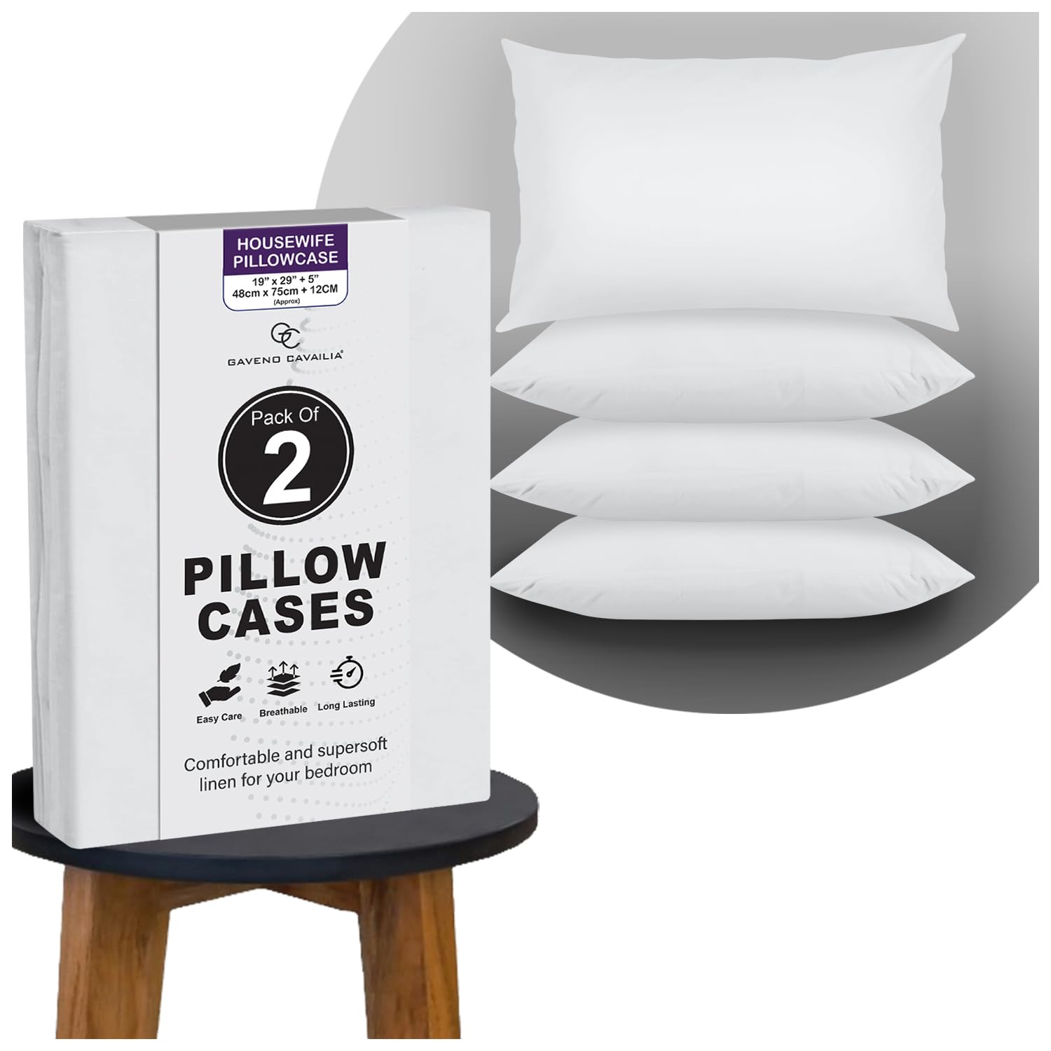 GC GAVENO CAVAILIA Plain Pillow Cases 2 Pack | Breathable, Wrinkle, Soft Touch Polycotton Bedding Pillowcases | Hotel Quality Hypoallergenic Pillow Covers Envelope Closure 74x48 Cm, White