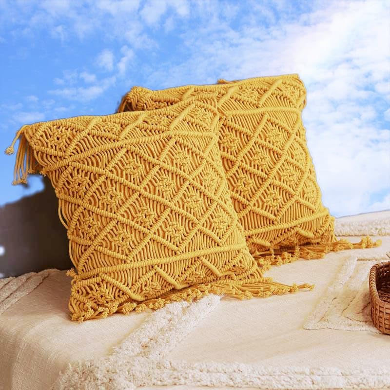 Beautiful Hand Knitted Abstract Pattern Cotton Macrame Cushion Cover 16 x 16 inch in Yellow Boho Cushion Cover in Premium Canvas Duck Fabric, 1 Piece (16x16 in, Yellow)-image-26