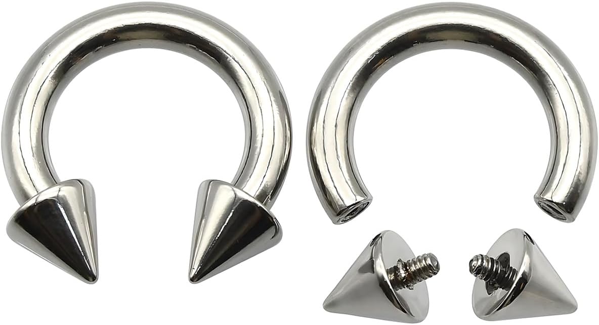 2 Piece-Pack Large Gauges Stainless Steel Horseshoe Ring, Spike Cone Ends, for Septum, Nose, Helix, Daith, Ear Piercing Jewelry, Internally Threaded Circular Barbells 12G/2mm-00G/10mm, 10-19mm Diameter