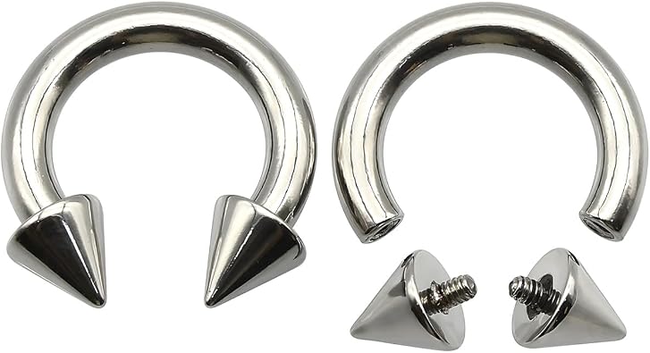 2 Piece-Pack Large Gauges Stainless Steel Horseshoe Ring, Spike Cone Ends, for Septum, Nose, Helix, Daith, Ear Piercing Jewelry, Internally Threaded Circular Barbells 12G/2mm-00G/10mm, 10-19mm Diameter