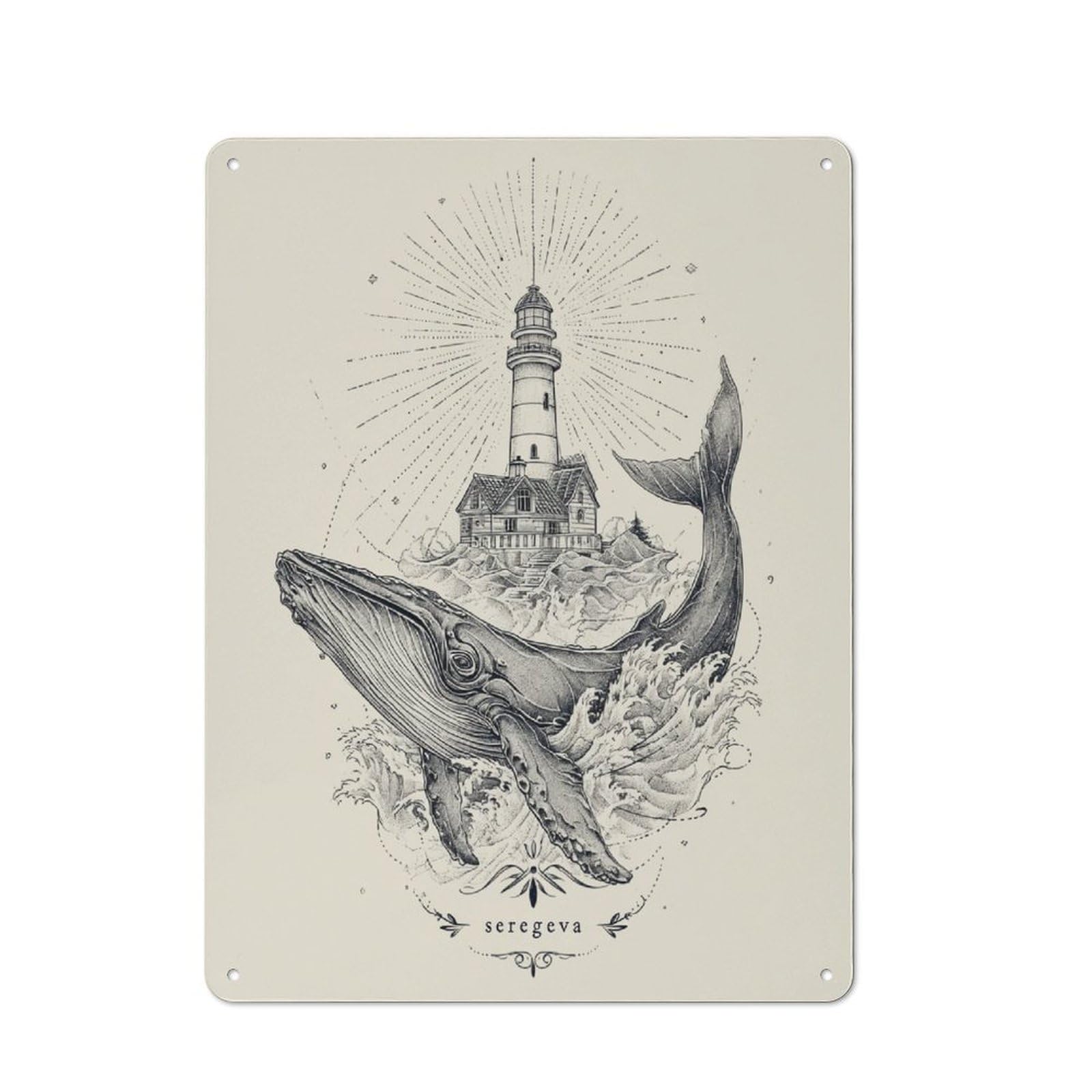 Whale with Lighthouse Tattoo Design Metal Wall Art Sign 40x30cm, Vintage Vintage Wall Decor for Lounge, Study, Pub Or Wall Gallery
