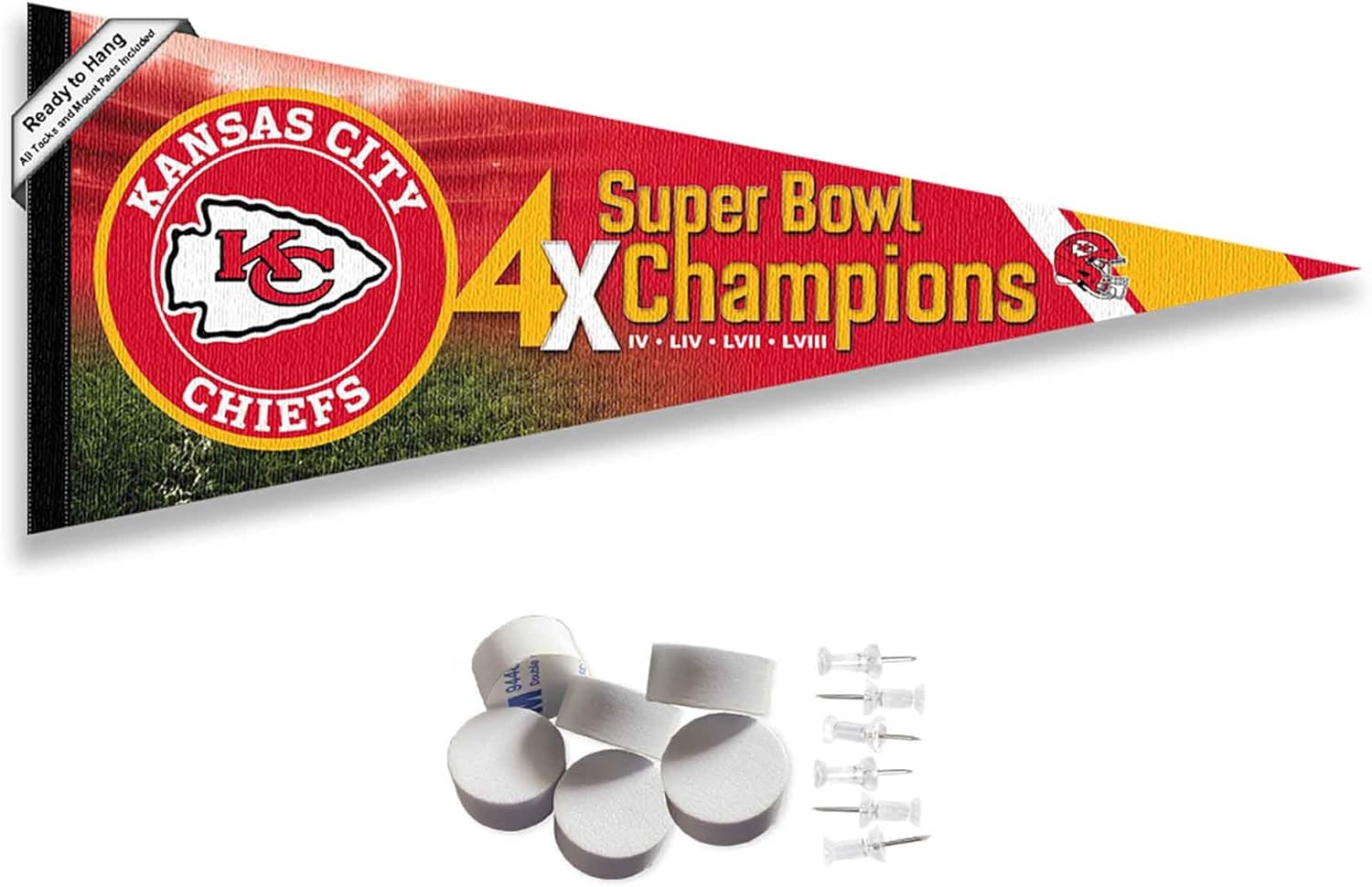 Kansas City Chiefs 4 Time 4x Super Bowl Champions Pennant Banner and Wall Tack Pads