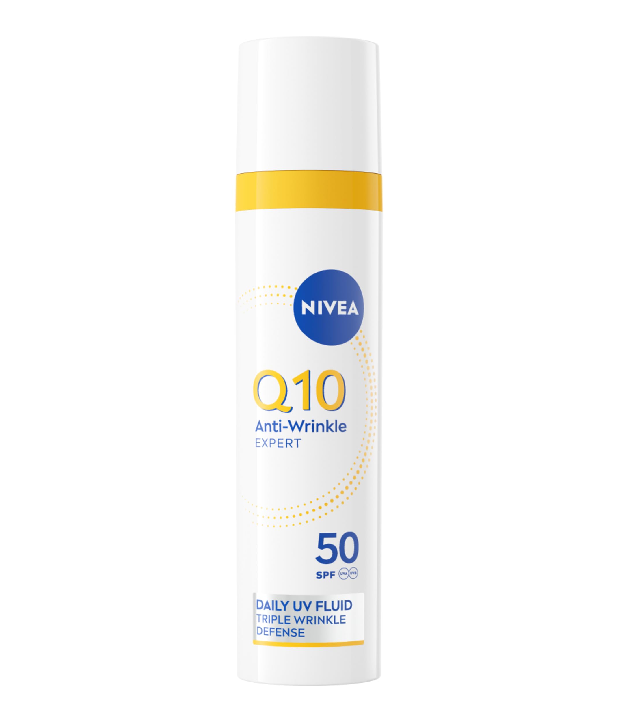 NIVEA Q10 Anti-Rughe Expert Fluido UV Quotidiano SPF 50 40 ml, Crema viso antirughe a tripla azione con protezione solare, Crema viso SPF 50 con Q10 Puro e Glycostop contro raggi UV e rughe
