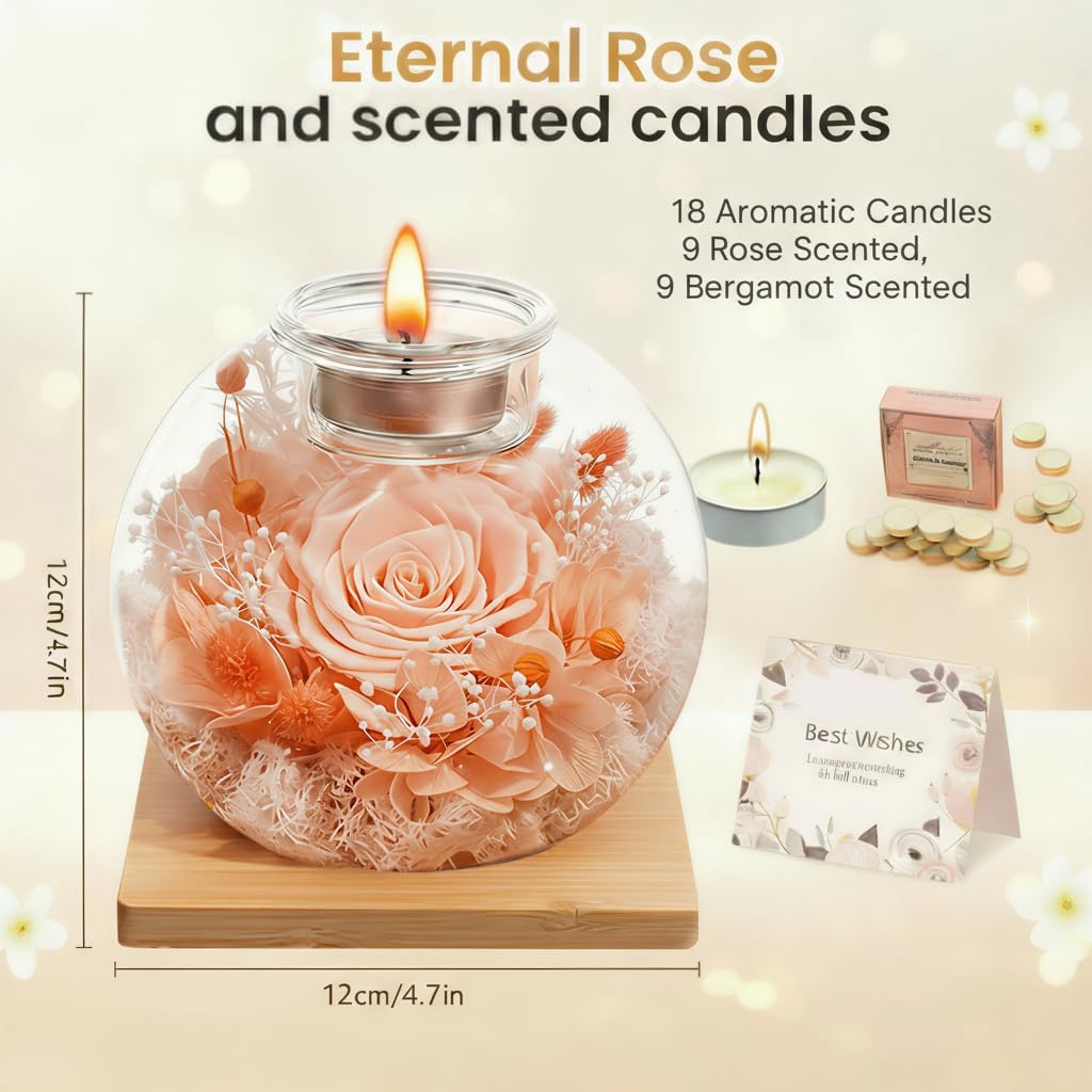 Eternal Preserved Real Rose, Glass Dome Gift Set with 18 Scented Candles (9 Rose,9 Bergamot), Mother's Day Valentine Christmas Birthday Gift for Women Mom Girlfriend Wife Home Decor (Champagne)