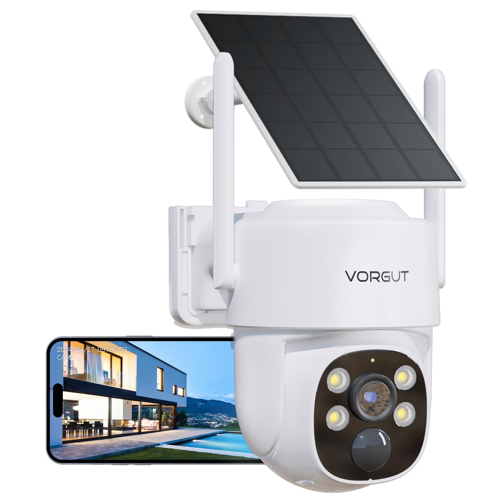 Security Camera Wireless Outdoor, 4MP WLAN Solar Security Camera, Battery Powered 360°PTZ Surveillance Camera with Solar Panel, Color Night Vision/PIR Motion Detection/2-Way Audio/2.4GHz
