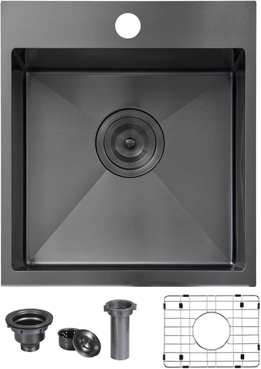 vccucine gunmetal black bar sink drop in, 15x17 inch topmount rv small kitchen sink, handmade stainless steel wet bar sink, outdoor single bowl prep sink with dish grid & drain 15x17inch drop in gunmetal black
