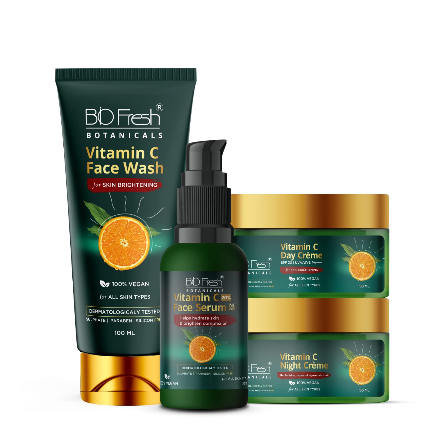 BioFresh Botanicals Vitamin C Face Wash & Serum With Day Night Cream Complete Face Skin Care Kit For Men And Women Suitable For All Skin Types