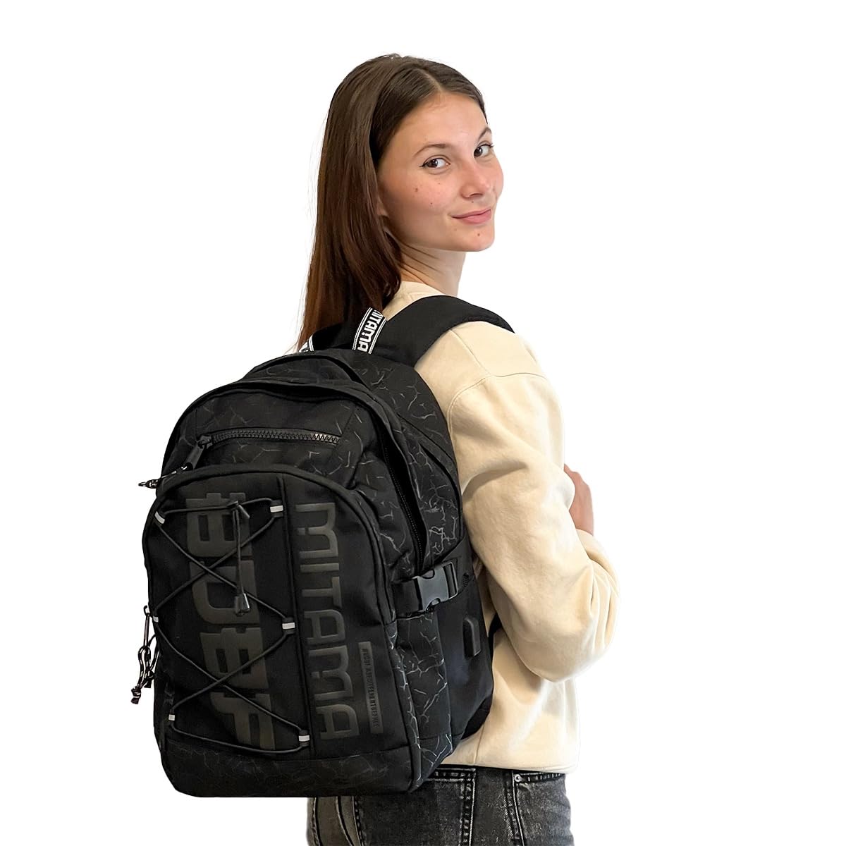 Mitama Zaino Triplo Scomparto Black Cracks con Tasca porta PC, Nero, Scuola Elementare e Tempo Libero, Bambina Ragazza