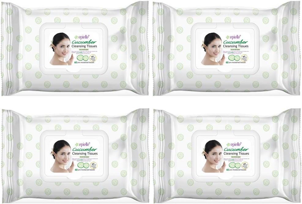 Epielle Cucumber Facial Cleansing Facial Tissues Wipes Towelettes - 60ct (Sheets) per pack, Total 4 Packs Beauty Stocking Stuffers Gift