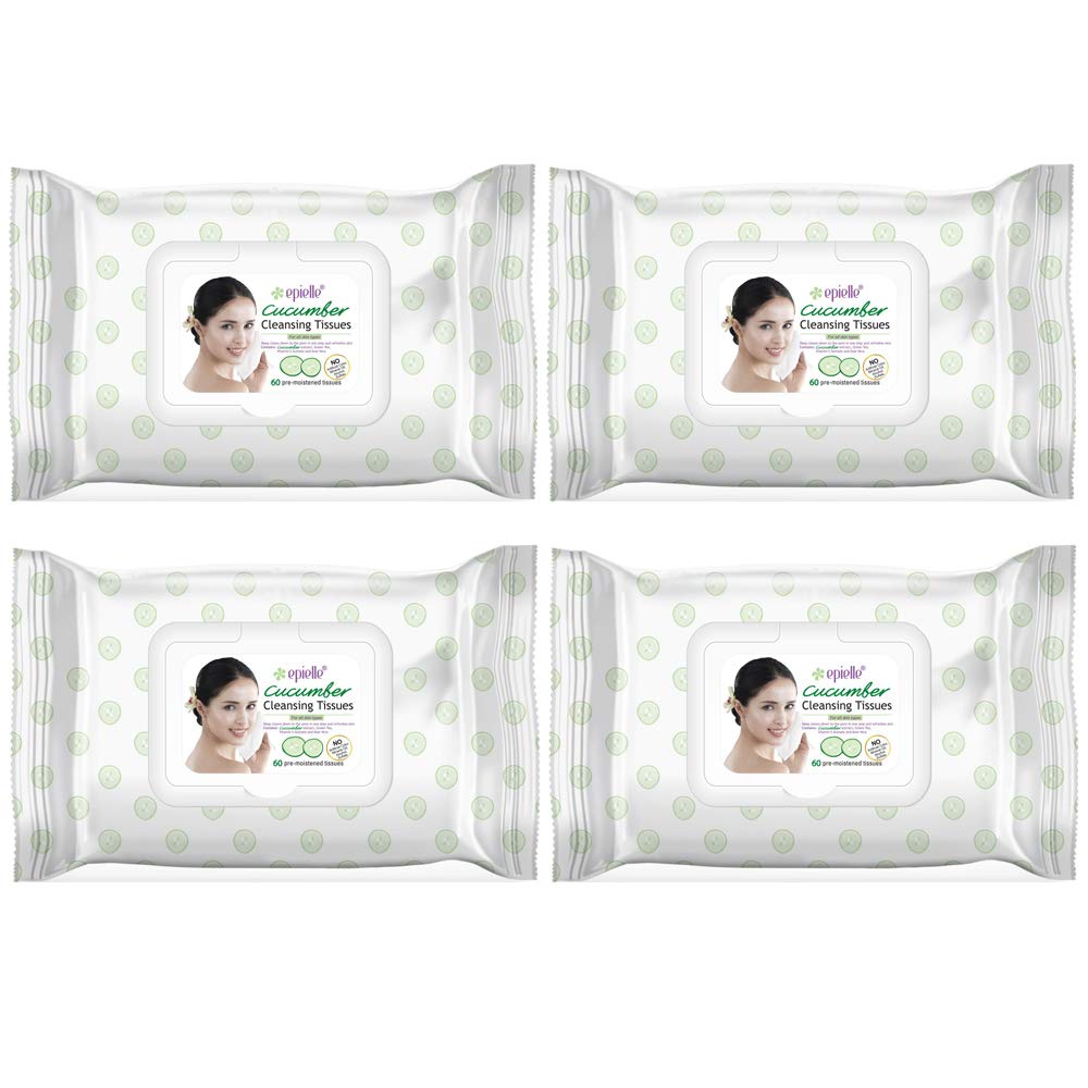 Epielle Cucumber Facial Cleansing Facial Tissues Wipes Towelettes - 60ct (Sheets) per pack, Total 4 Packs Beauty Stocking Stuffers Gift