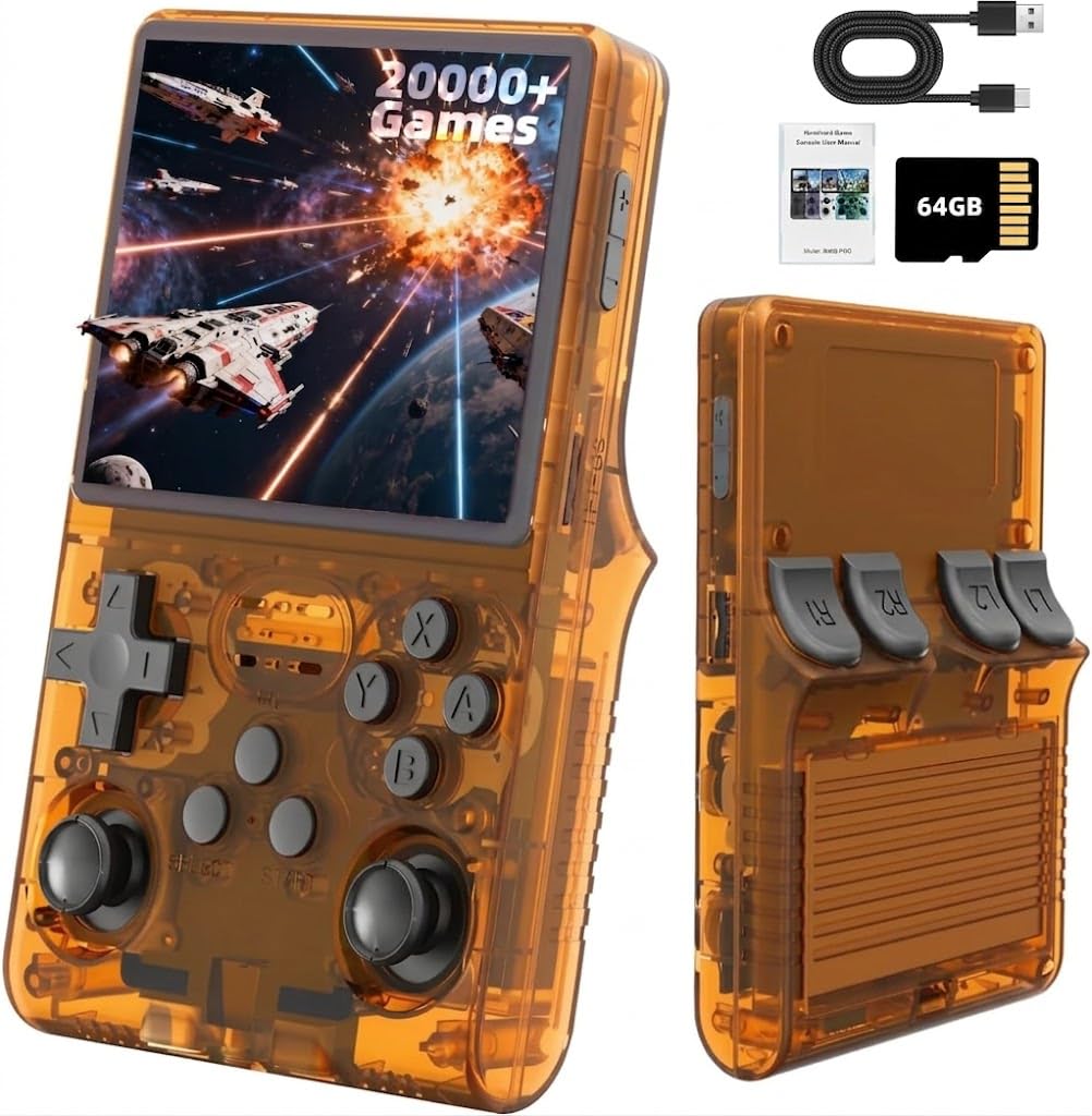 R36S Retro Handheld Game Console, 3.5in IPS , Preloaded with 40000+Classic Games, Portable Game Console,30 +Game Emulator, Linux System,3500mah Rechargeable Battery (Transparent Orange)