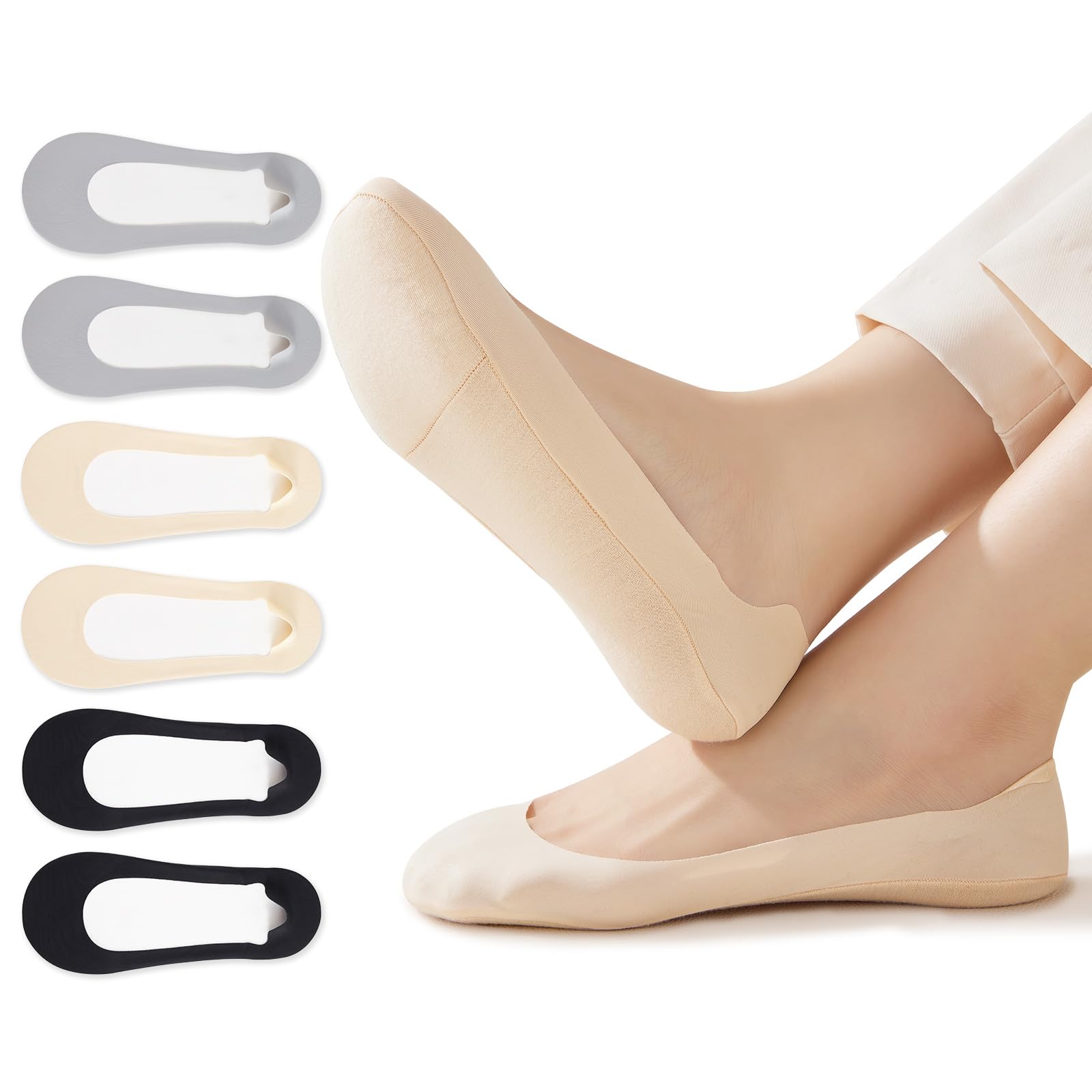 No Show Socks Womens Invisible Non Slip Liner for Flat 6 Pairs
