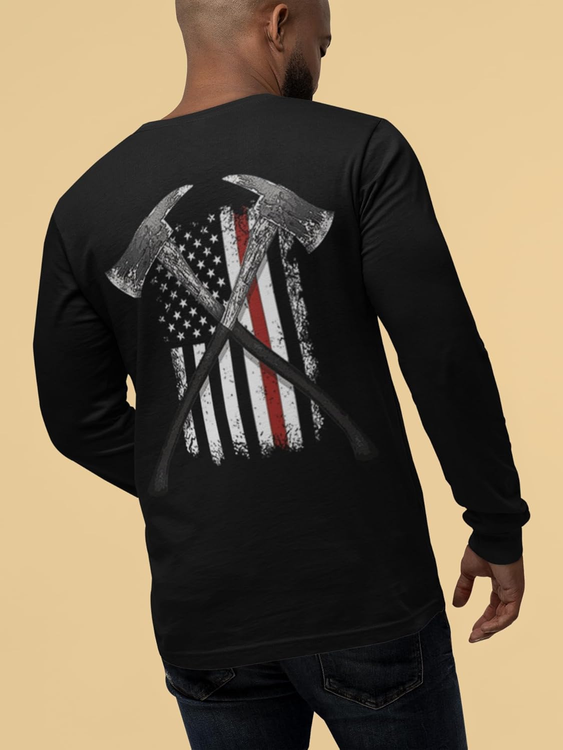 Thin Red Line Firefighter Long Sleeve T-Shirt FIRE Axes US Flag F&B - Image 5
