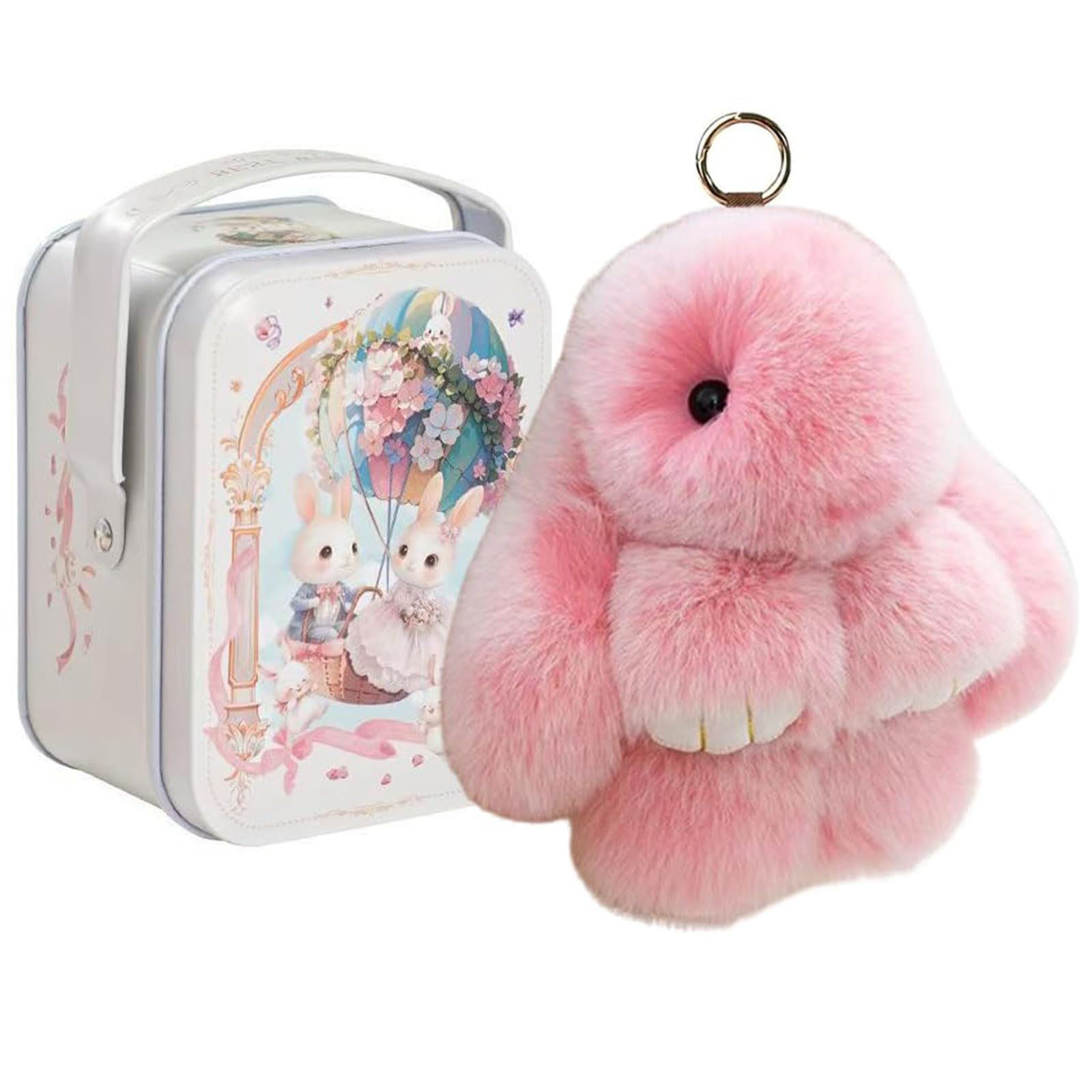 Bunny Lulu Keychain with Tin Box – Soft Plush Rabbit Pendant, Cute Fluffy Trinket, Adorable Key Ring Charm and Handbag Ornament for Women and Girls