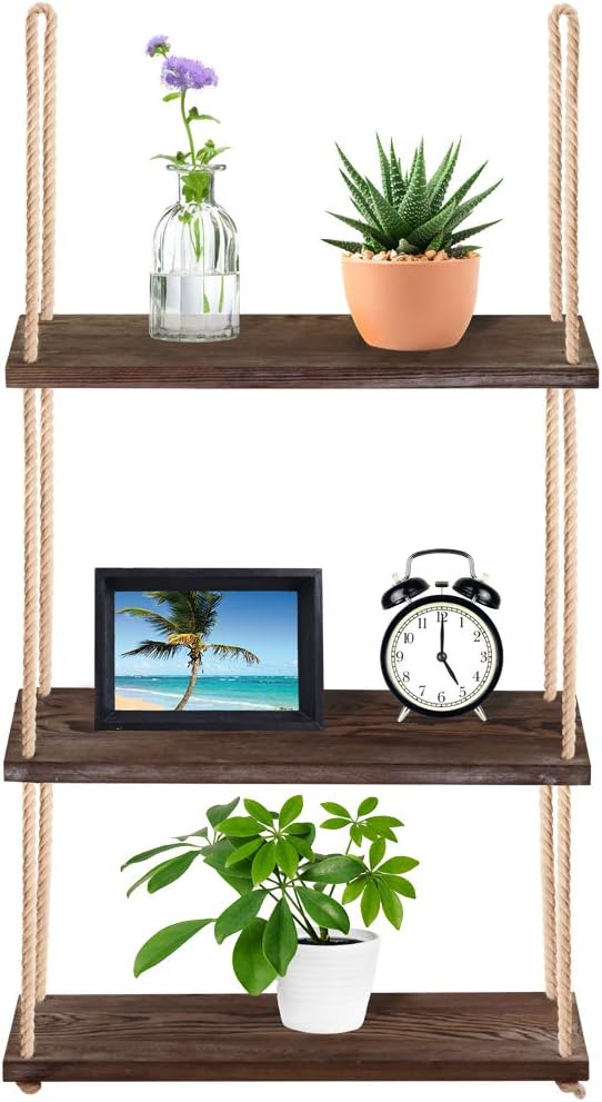 Supla 40.4" Tall Wood Hanging Shelf Window Shelf Wall Shelf Plant Shelf Rope Shelf Storage Shelf Wooden 3 Tier Hanging Shelves Organizer Swing Shelf Floating Shelves for Kitchen Bathroom