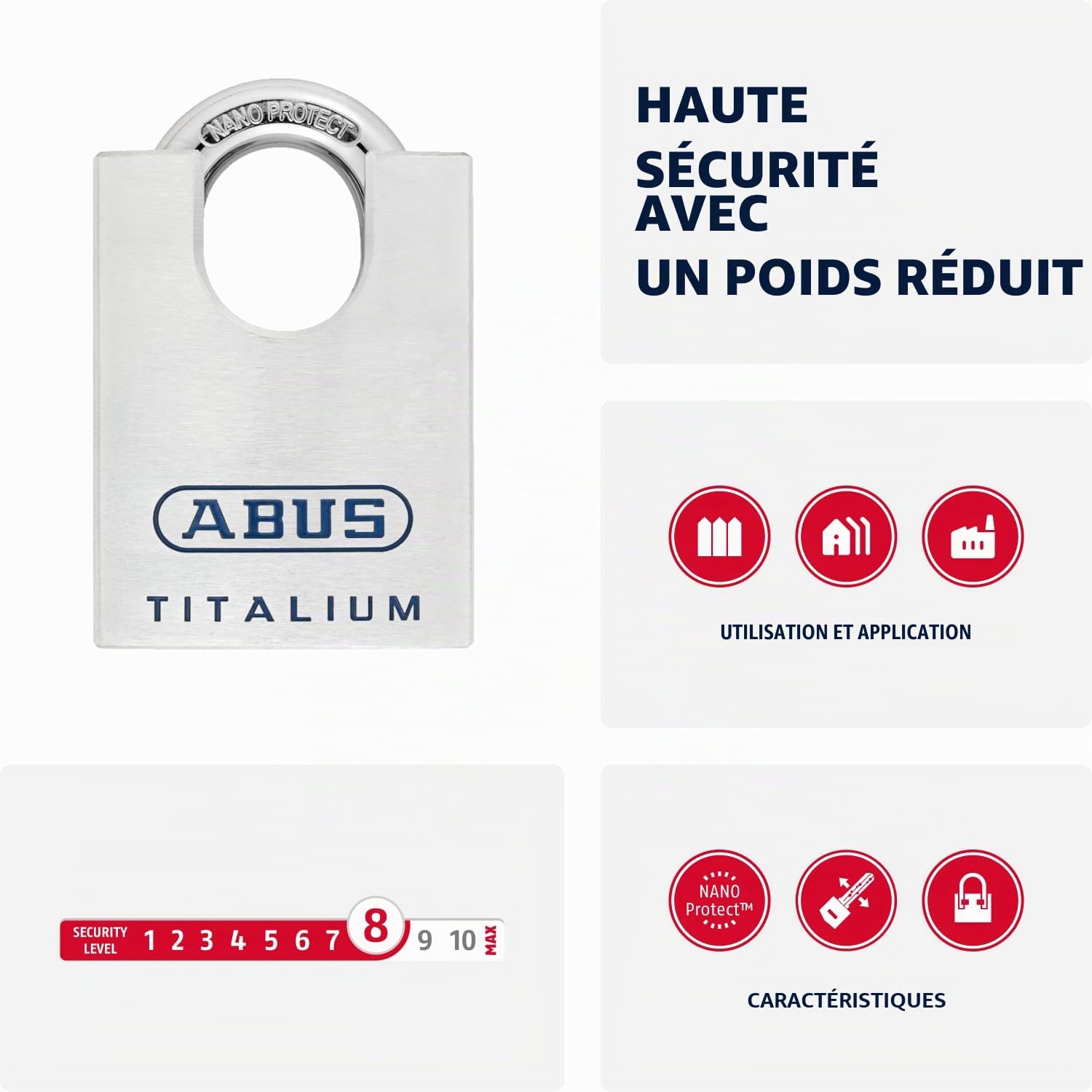 ABUS Titalium 96CSTI/50 gl.-7565 – Cadenas s’entrouvrant – Corps léger en aluminium spécial massif – Protection d’anse intégrée – Niveau de sécurité ABUS 8 – Argenté