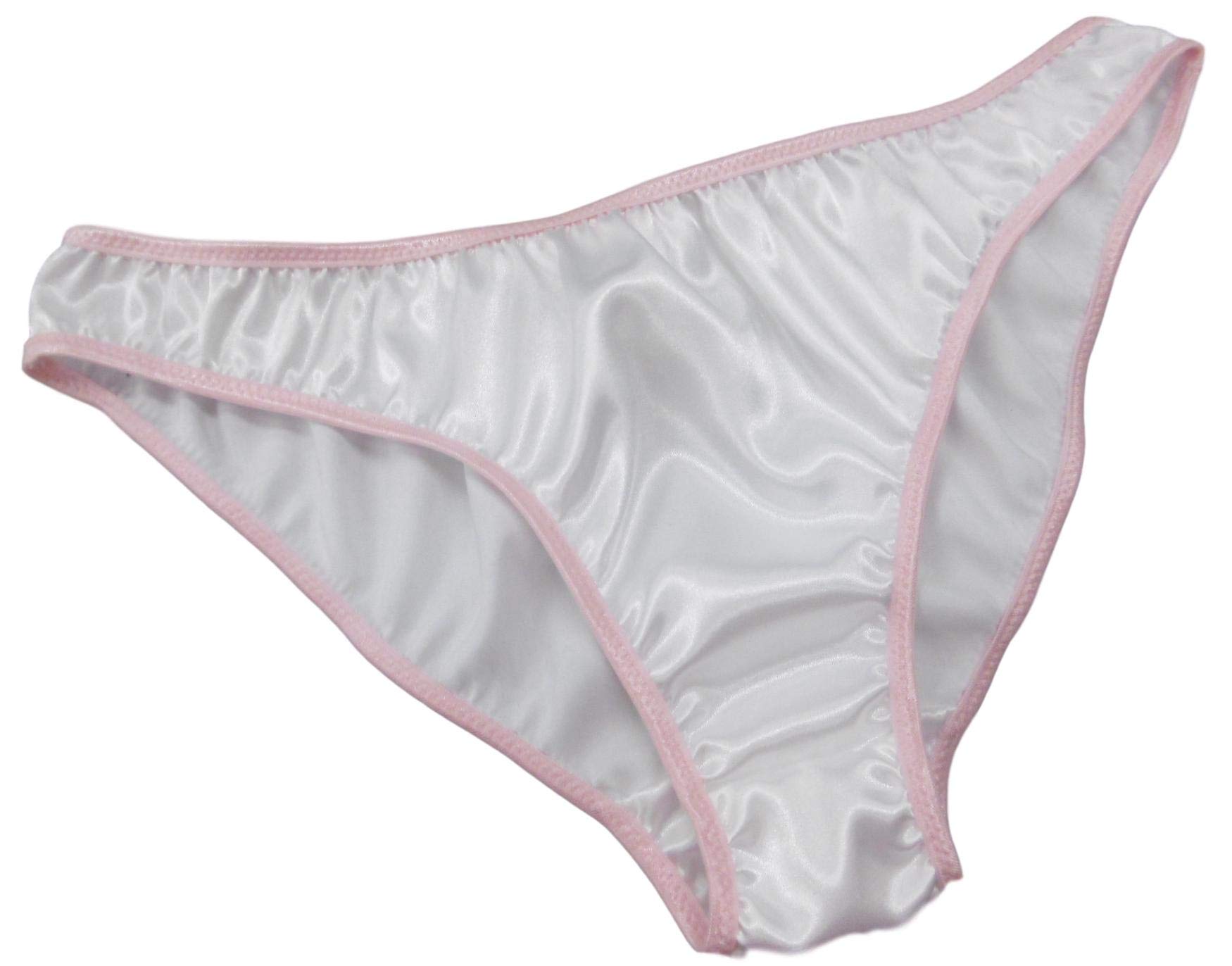 FDL Satin bikinisWhite Shimmering Satin with Pink Trim Plain and Simple Bikini Briefs Panties Knickers