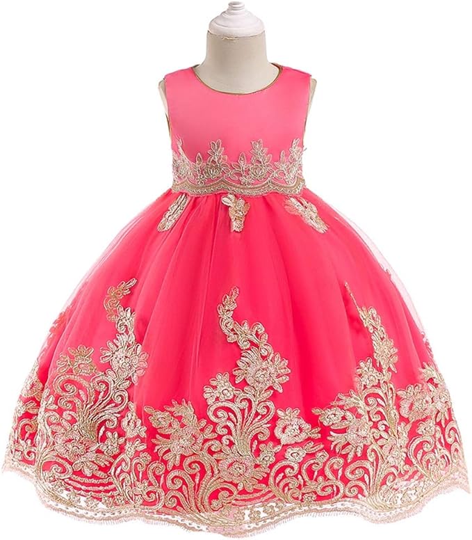 WAWAWALI Robe de princesse avec broderie en dentelle dorée pour fille