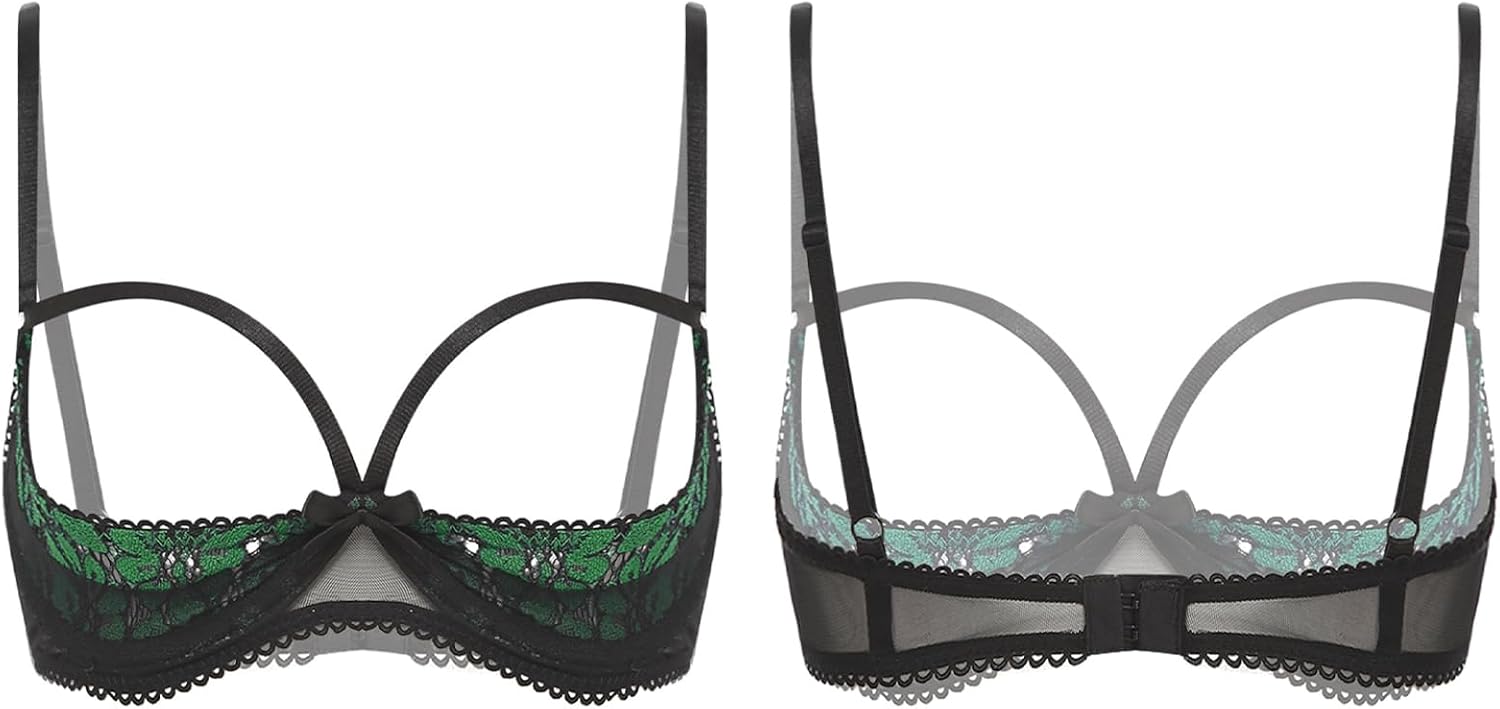 Womens Sexy 1/4 Cups Sheer Floral Lace Bra Lingerie Bare Exposed Breast Underwire Push Up Bra Tops