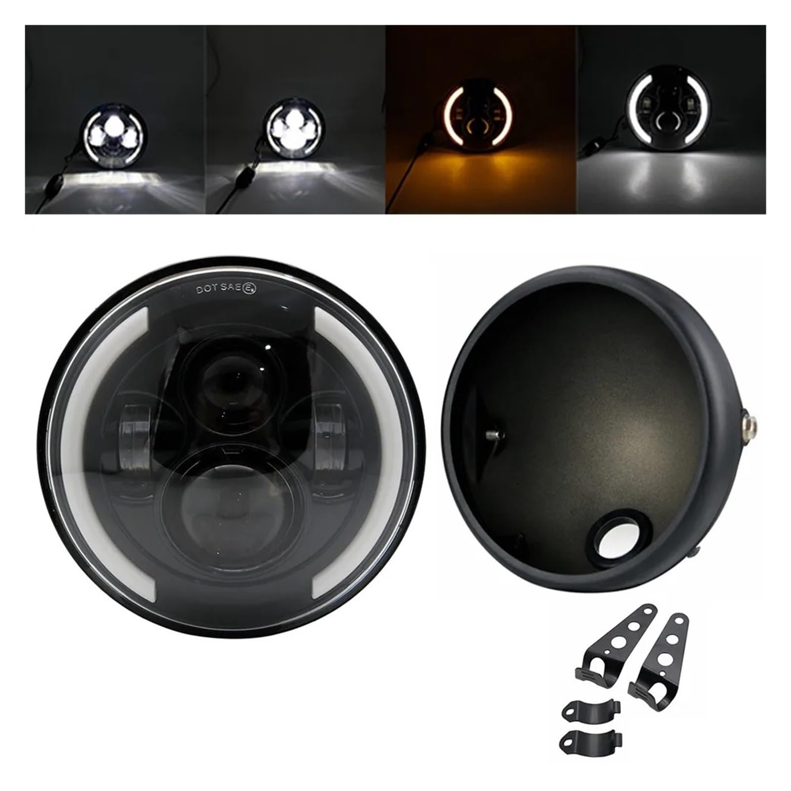 Faro Delantero Universal LED Retro 7.5 Pulgadas Modificado Con Luces Altas Y Bajas DRL Y Carcasa Faro Negro Mate Con Soporte Conjunto De Faro Moto(Light and housing3)