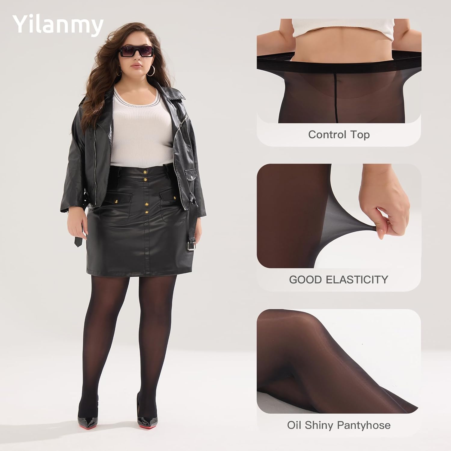 Yilanmy 2 Pairs Women's Plus Size Shiny Pantyhose 15D Sheer Shimmer Tights High Waist Oil Glossy Stocking Queen Size - Image 3