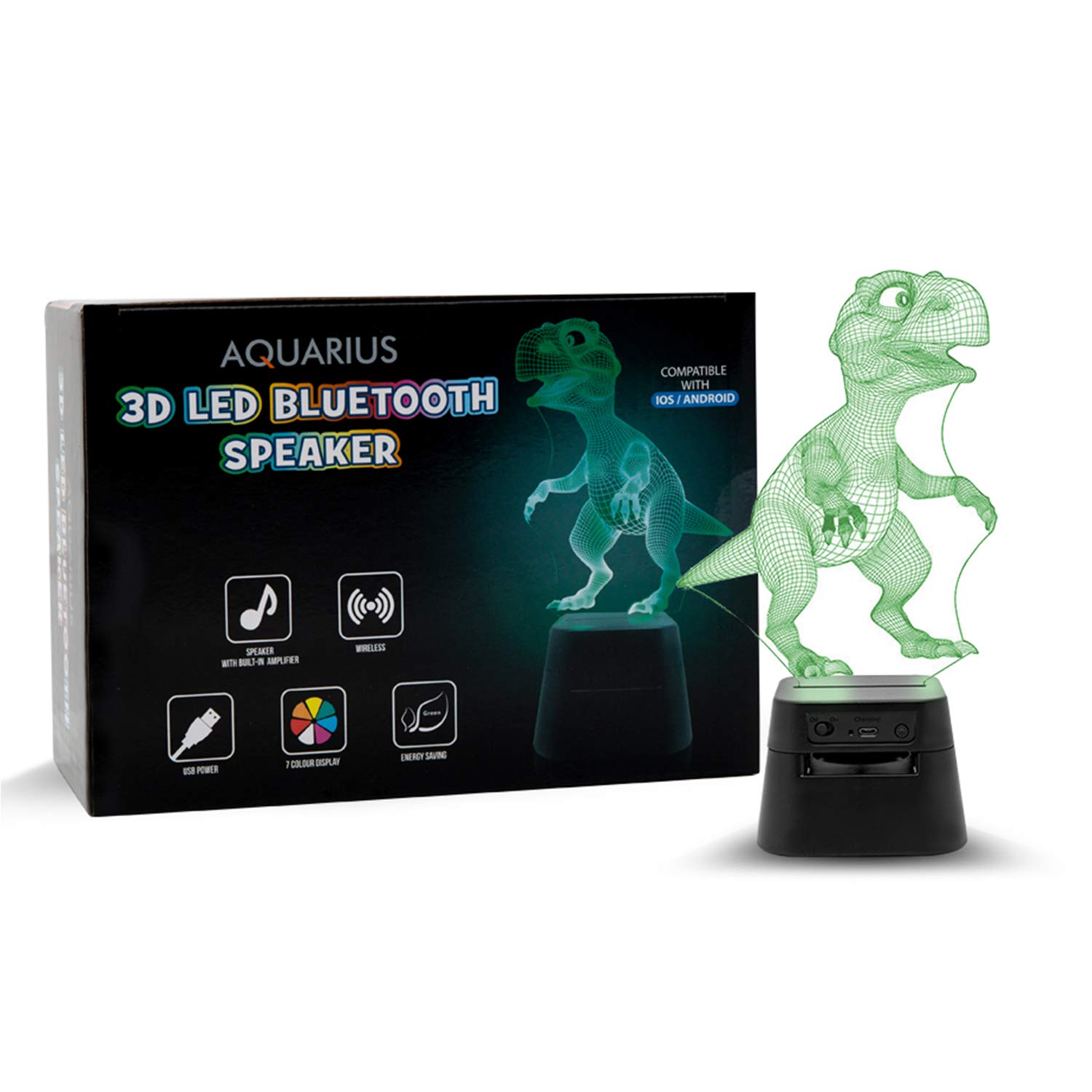 AQUARIUS 3D LED Dinosaur Night Light & Bluetooth Speaker, Colourful Optical Illusion Lamp, Colour Changing Bedside Bedside Lamp for Kids Bedroom