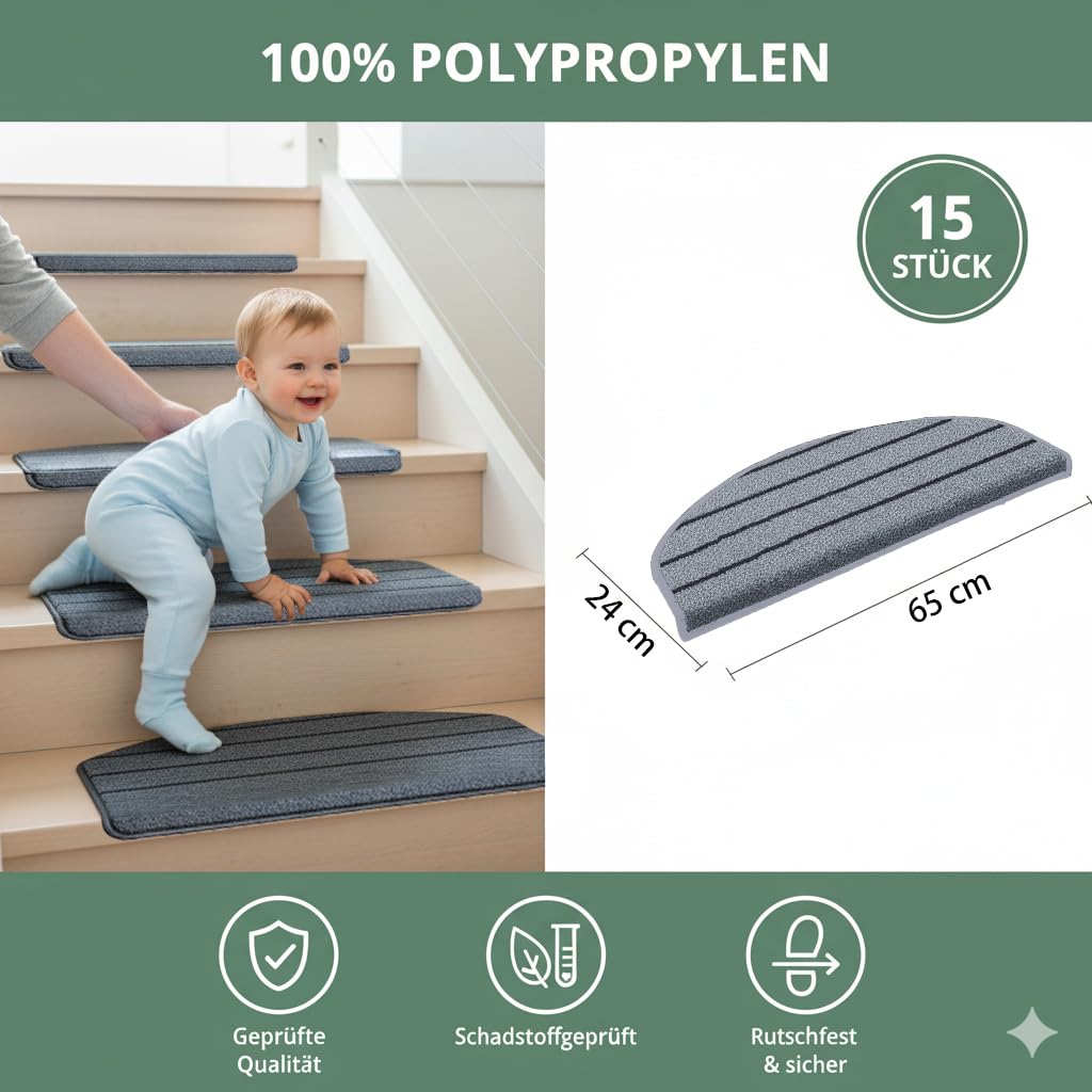 15 Stück Stufenmatten Treppen-Teppich - 65x24cm Treppenstufen Matten Halbrund Trittfläche, Teppich für Treppenstufen, Treppenschutz, Treppenteppich für Kinder Ältere und Hunde